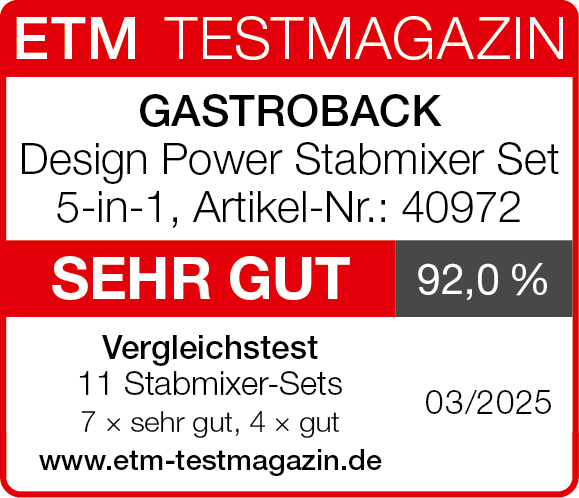 Roter und weißer Magazin-Titel mit Text: GASTROBACK Design Power Stabmixer Set, 92%, und Testergebnisse.