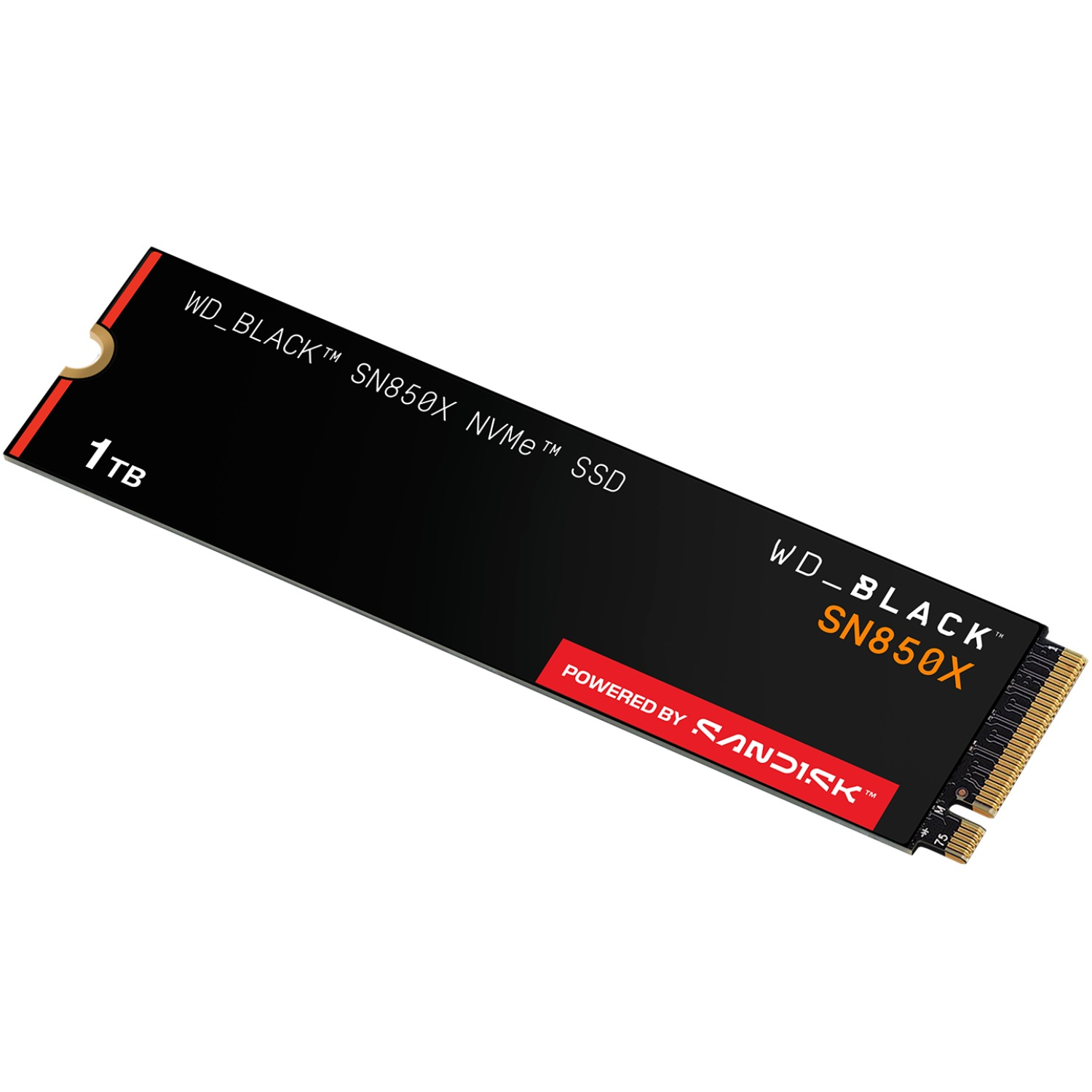 Un SSD WD_BLACK SN850X NVMe negro con capacidad de 1TB. Tiene un acento rojo y el logo de Sandisk. El fondo es blanco.
