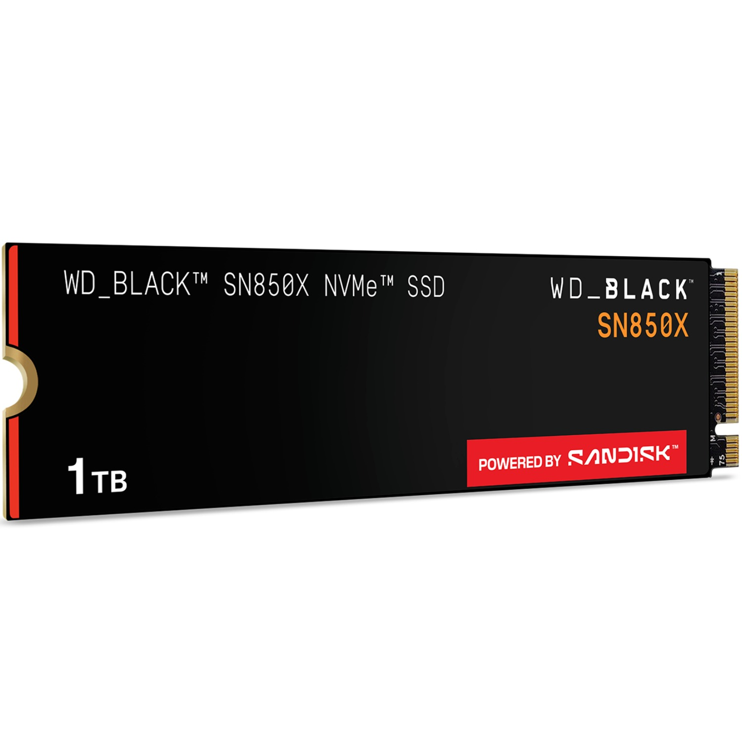 WD_BLACK SN850X NVMe SSD, negro con detalles naranjas y rojos. 1TB de capacidad. Powered by Sandisk.