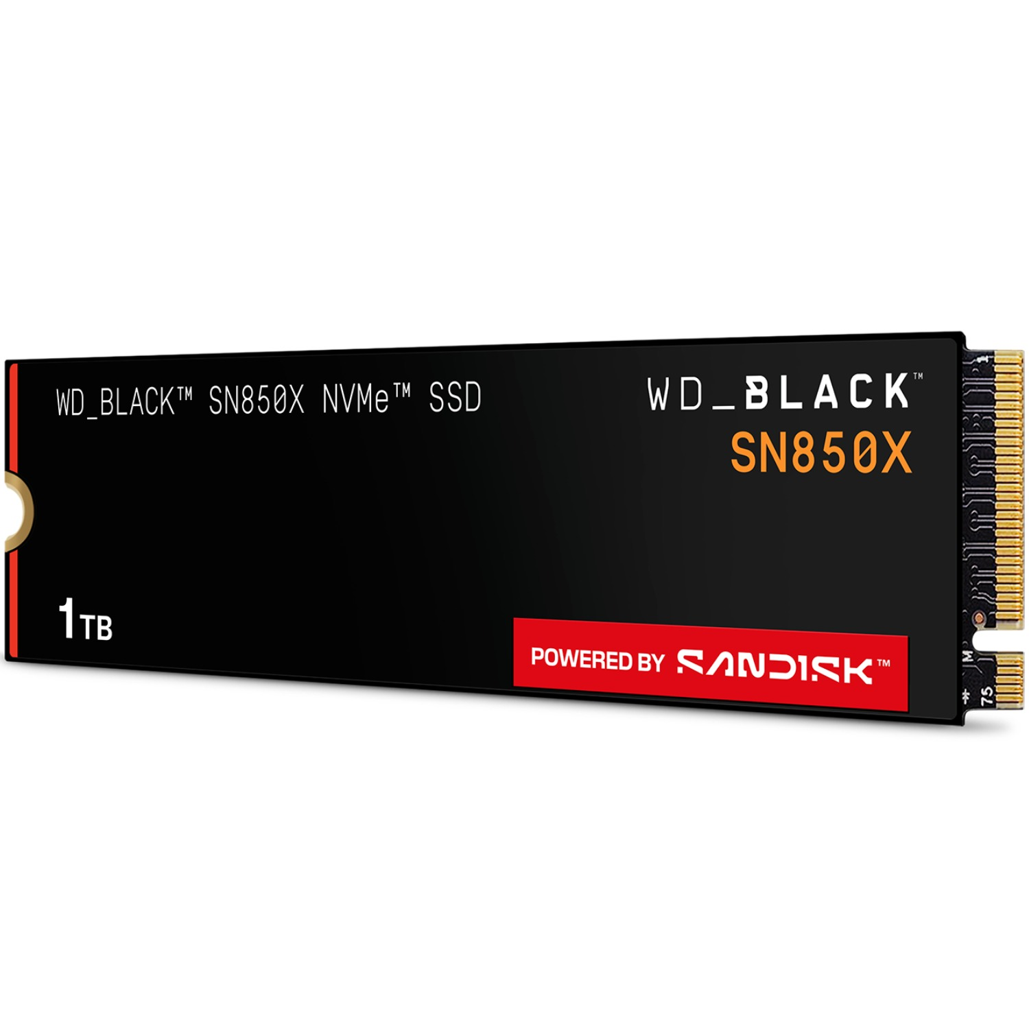 WD_BLACK SN850X NVMe SSD, negro con texto blanco. Muestra 1TB, logo Powered by SanDisk y detalles del producto.