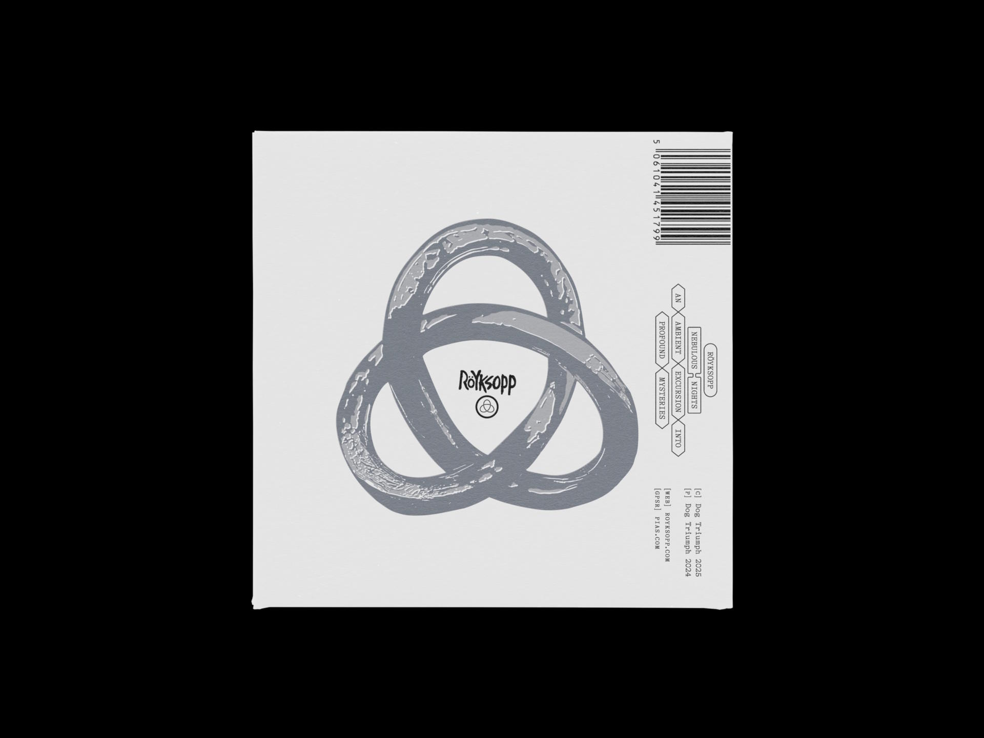 Albumcover: graues Knotendesign, Text 'Röyksopp'. Enthält einen Barcode und Textetiketten wie 'Ambient', 'Nebulous Nights'.