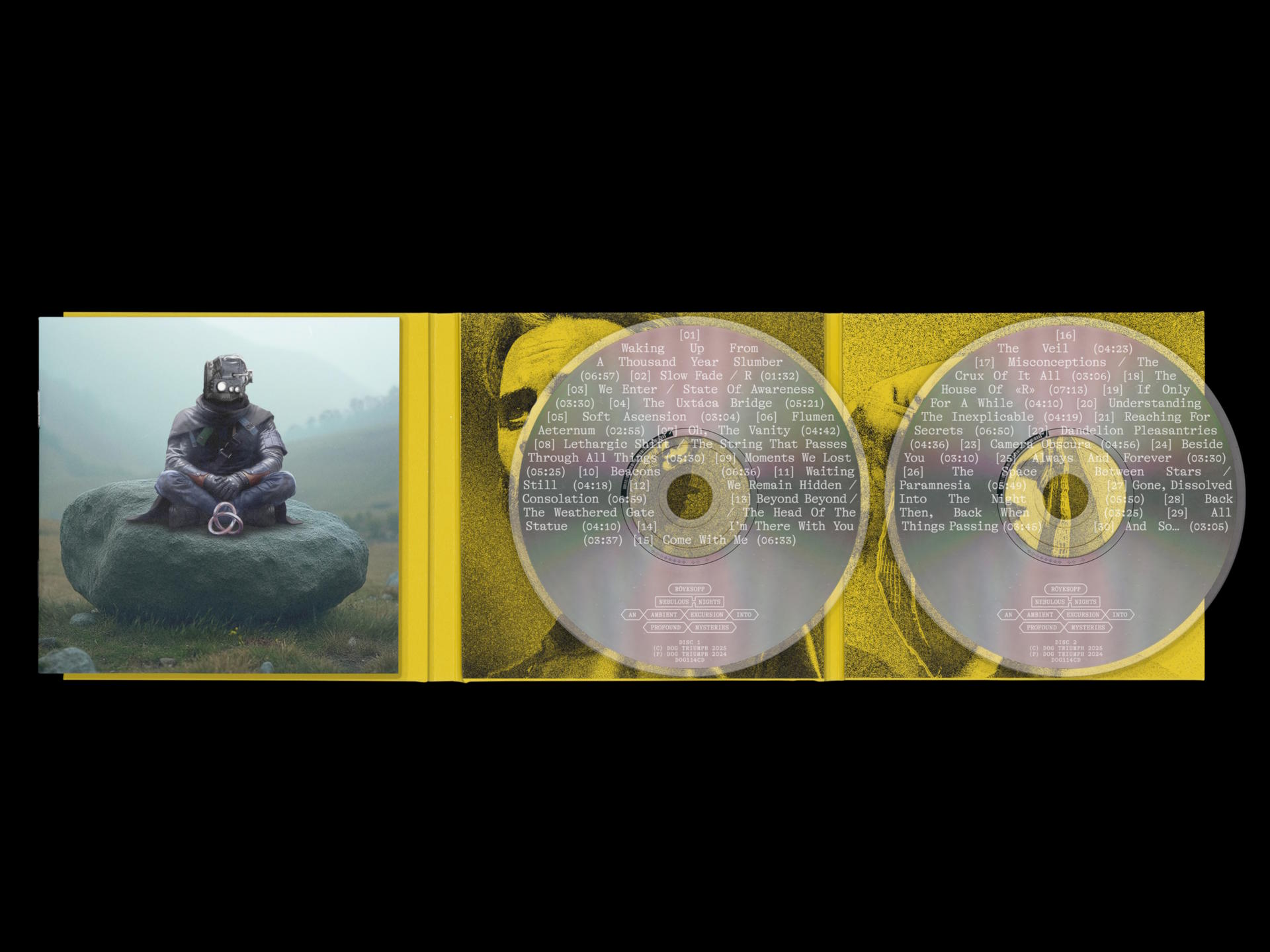 Eine Person im Raumanzug sitzt auf einem Felsen, im Hintergrund Albumcover.