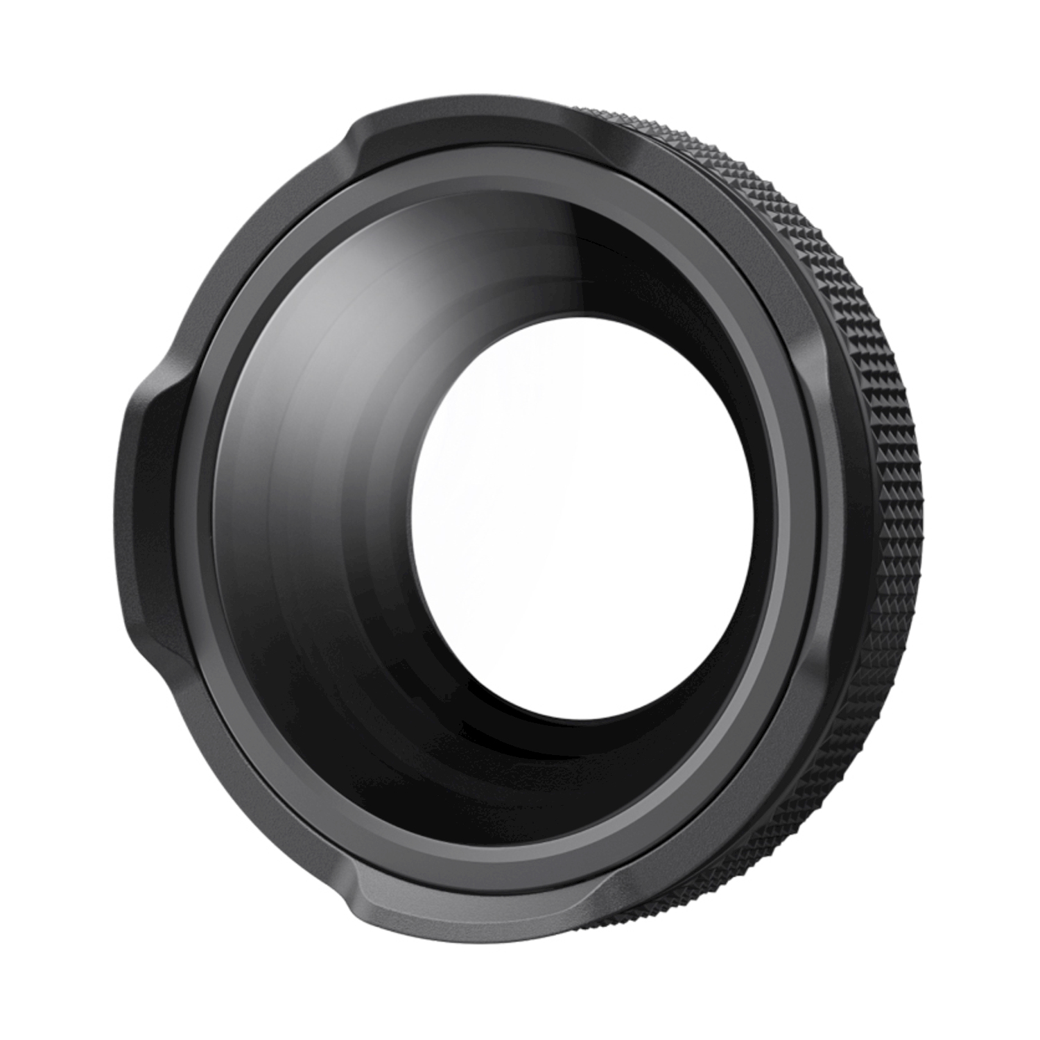 Un filtro per lenti nero con impugnatura strutturata. Ha un'apertura circolare centrale e una superficie riflettente.