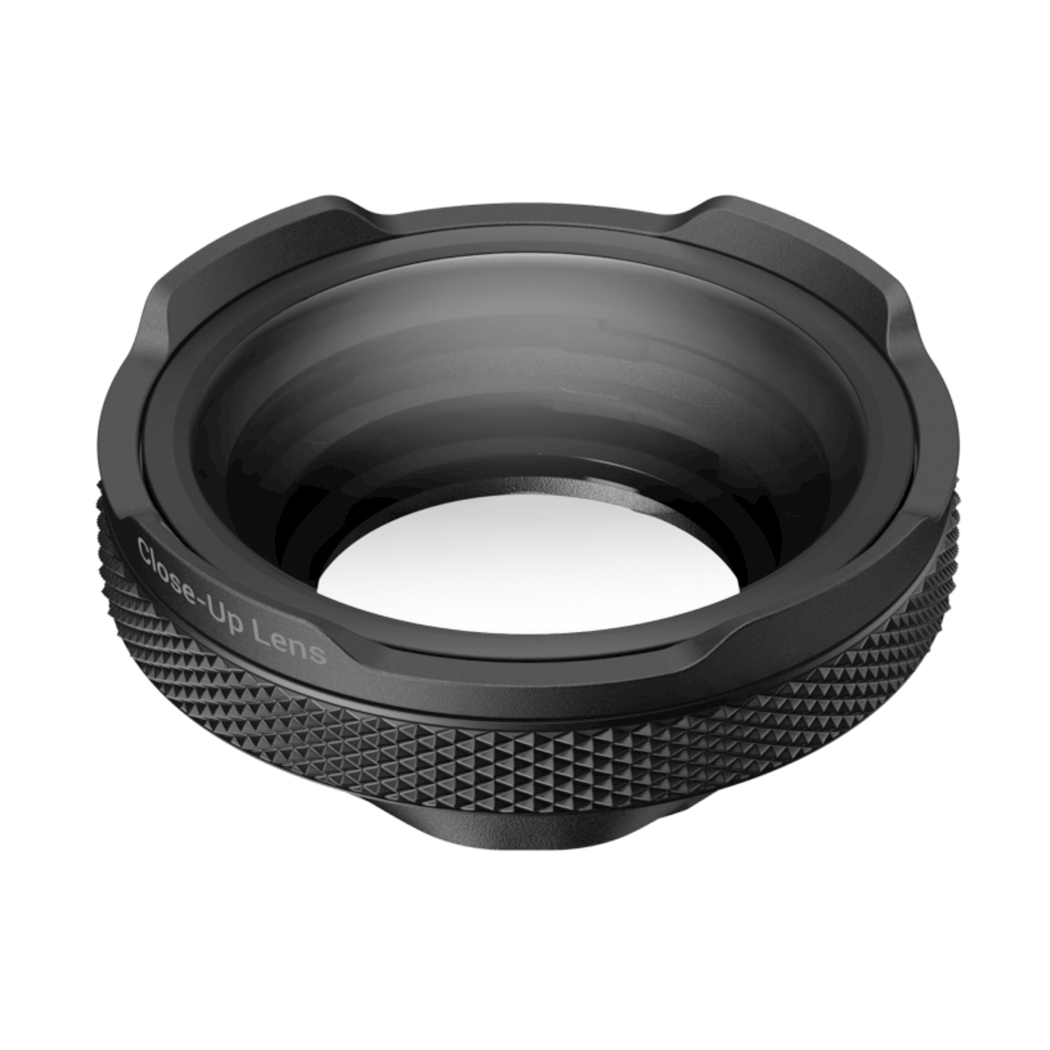 Un obiettivo macro nero con impugnatura strutturata, vetro e la scritta 'Close-Up Lens' incisa, isolato su bianco.