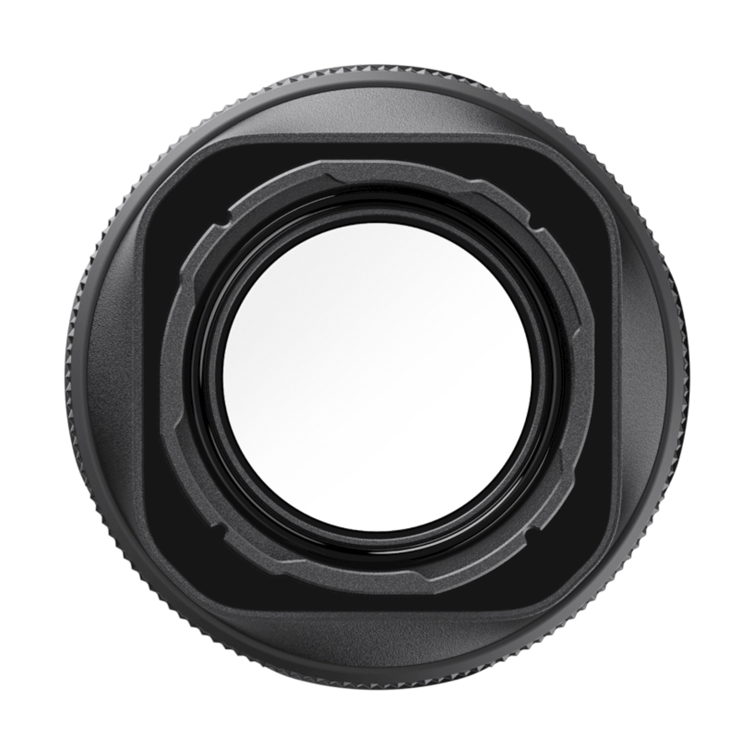 Un adattatore per filtro obiettivo circolare nero con un vetro trasparente centrale. L'adattatore ha un anello esterno zigrinato.