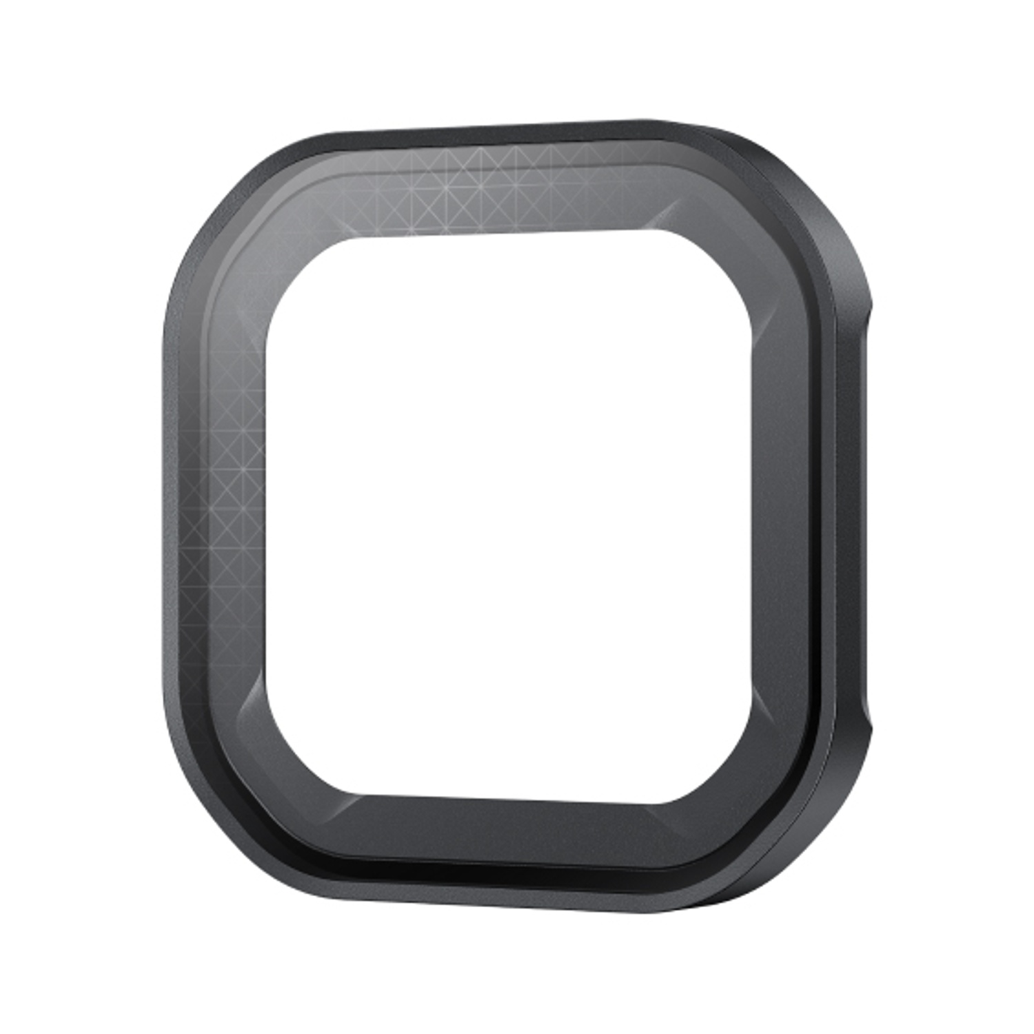 Una lunetta per orologio nera, di forma quadrata. Ha angoli arrotondati e un centro trasparente. La cornice ha un design strutturato.