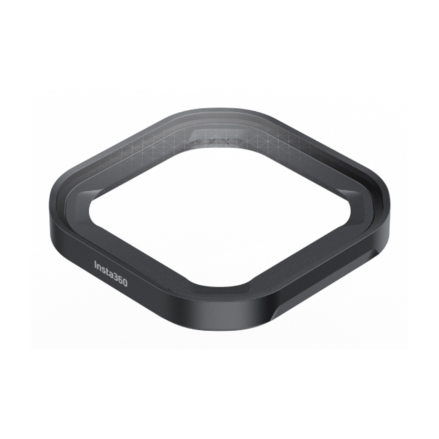 Un protezione per lenti Insta360 nera. Ha forma di diamante con angoli arrotondati e centro trasparente, su sfondo bianco.