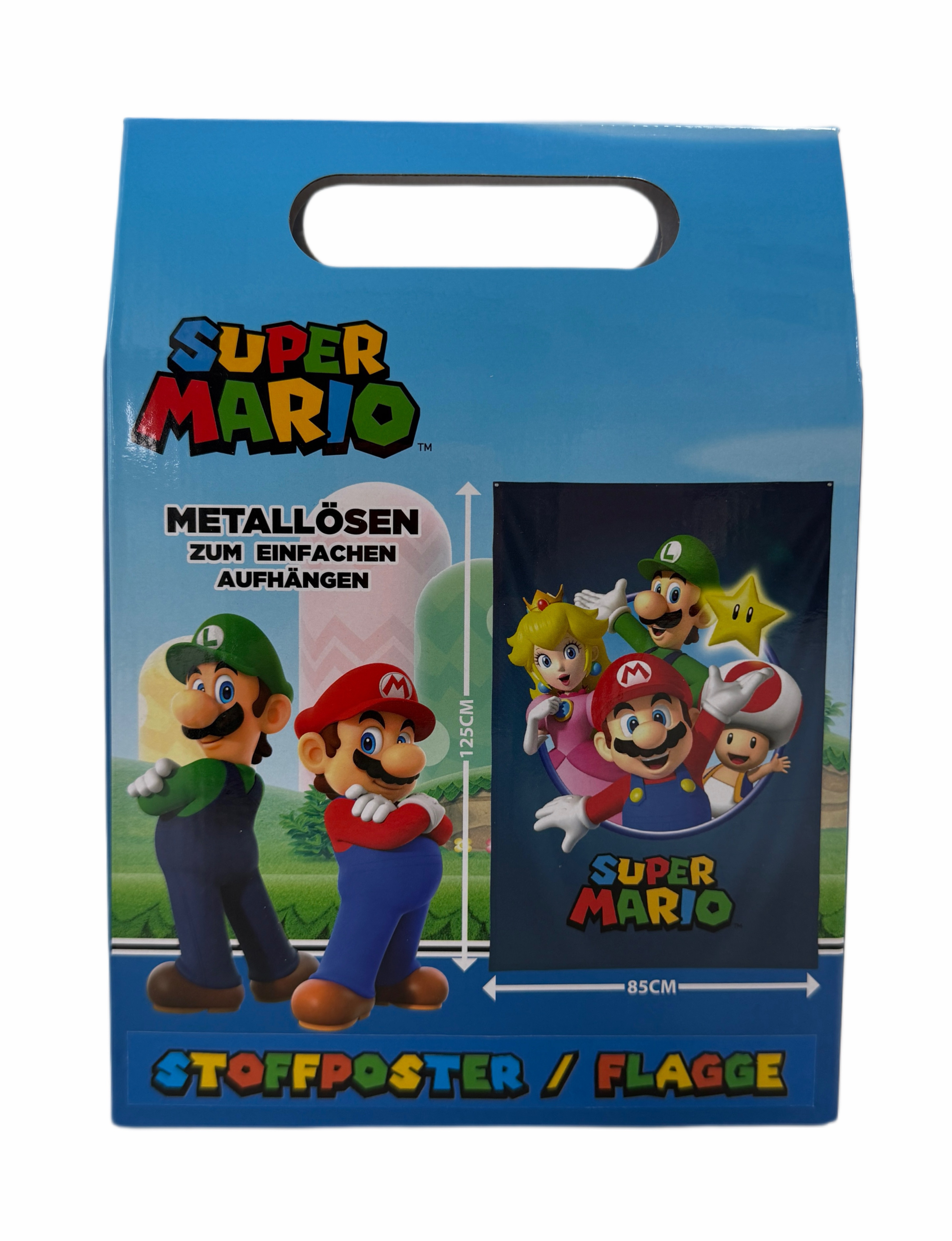 Eine Super Mario Flaggenbox mit Mario und Luigi. Die Box ist blau mit Text und Charakterbildern.