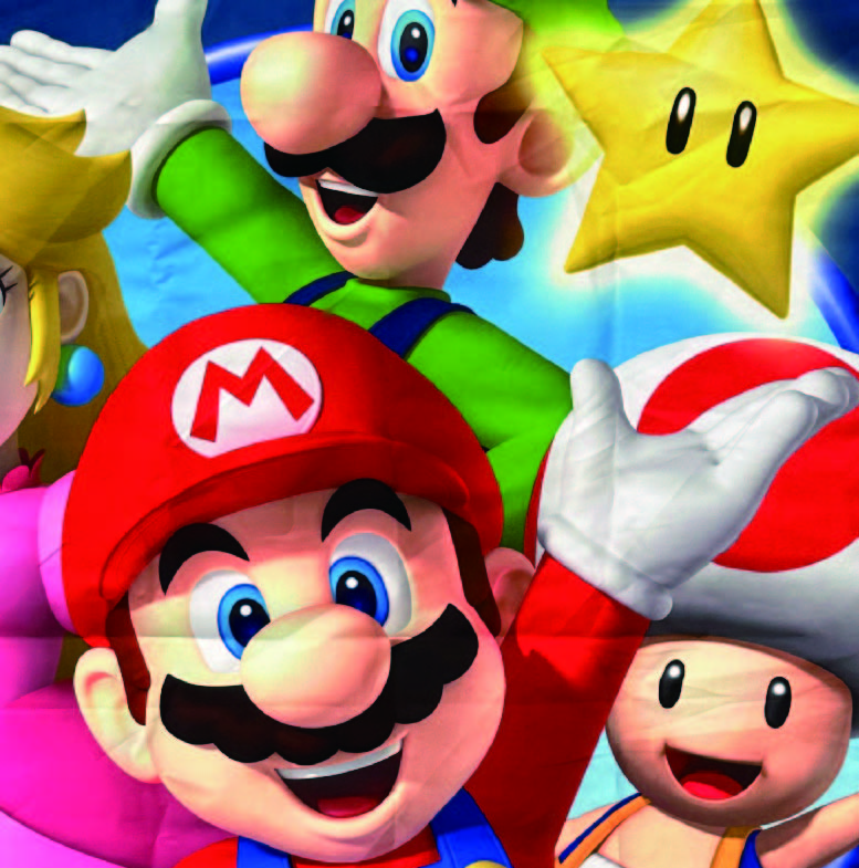 Mario, Luigi, Toad, Prinzessin Peach und ein Stern. Mario trägt Rot, Luigi Grün, Toad rot und weiß. Alle lächeln.