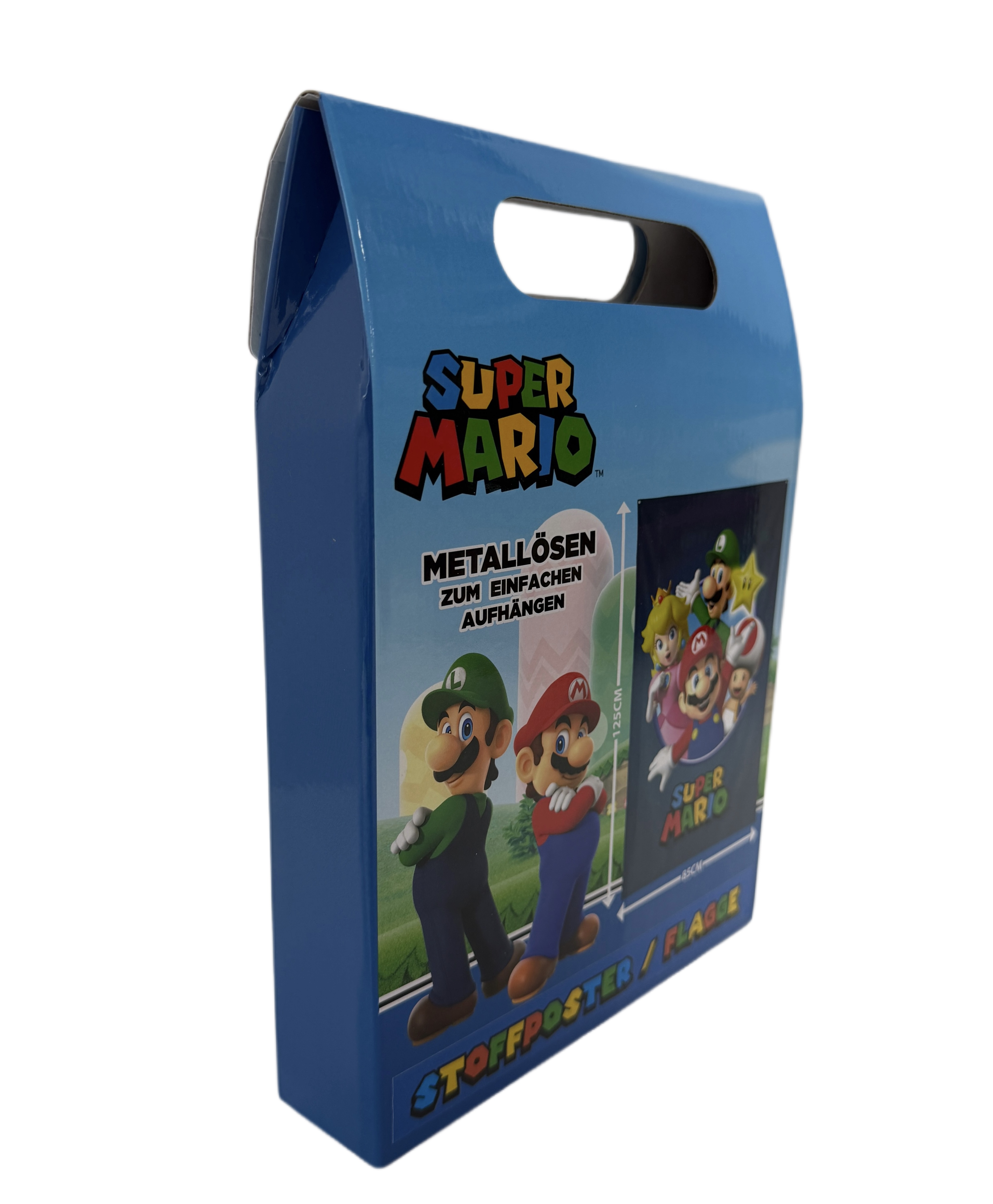 Blaue Super Mario Box mit Mario, Luigi und anderen Charakteren. Text auf Deutsch: 'Stoffposter'.