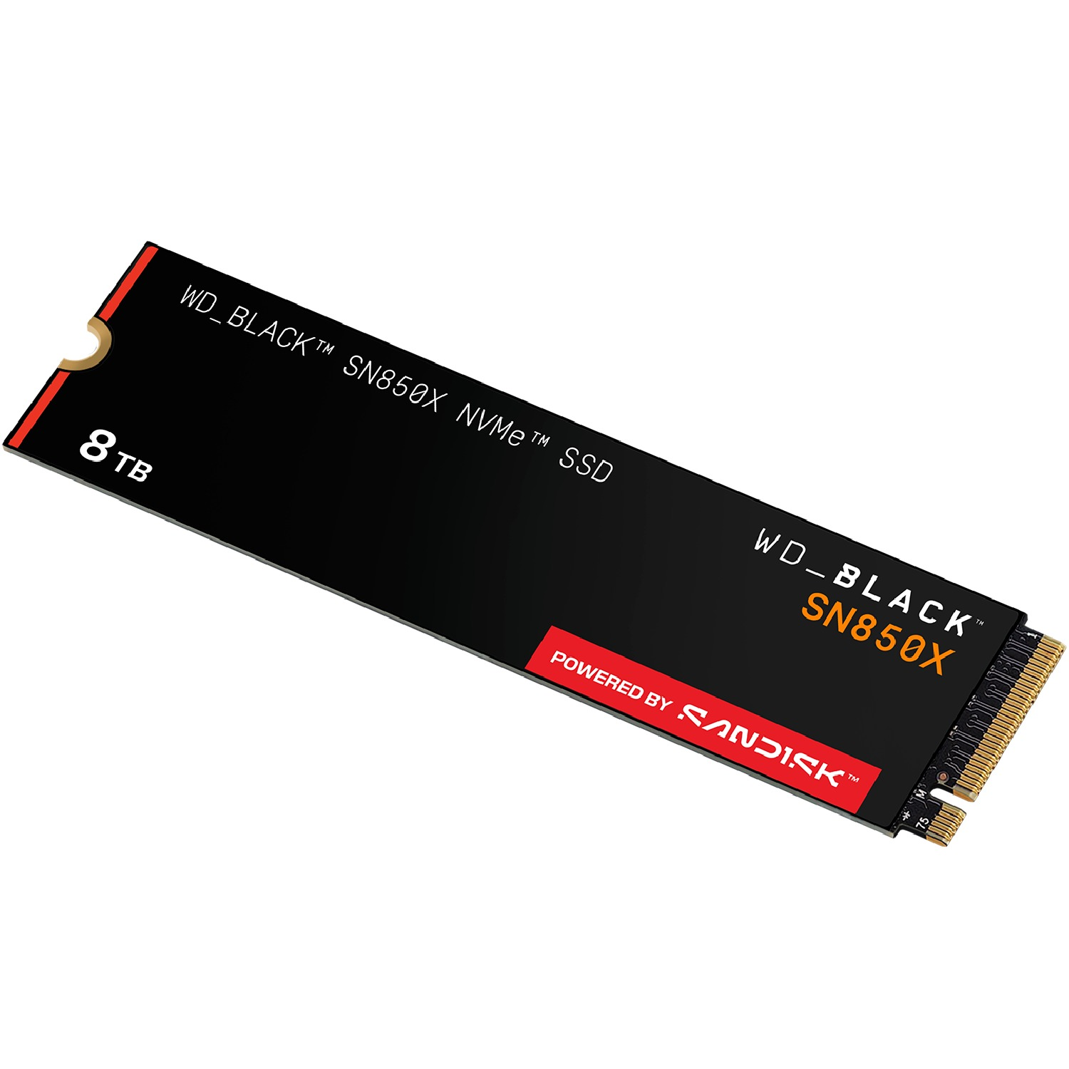 Una SSD WD_BLACK SN850X NVMe negra con 8TB de capacidad. Tiene un logotipo rojo y blanco de Sandisk y conectores dorados.