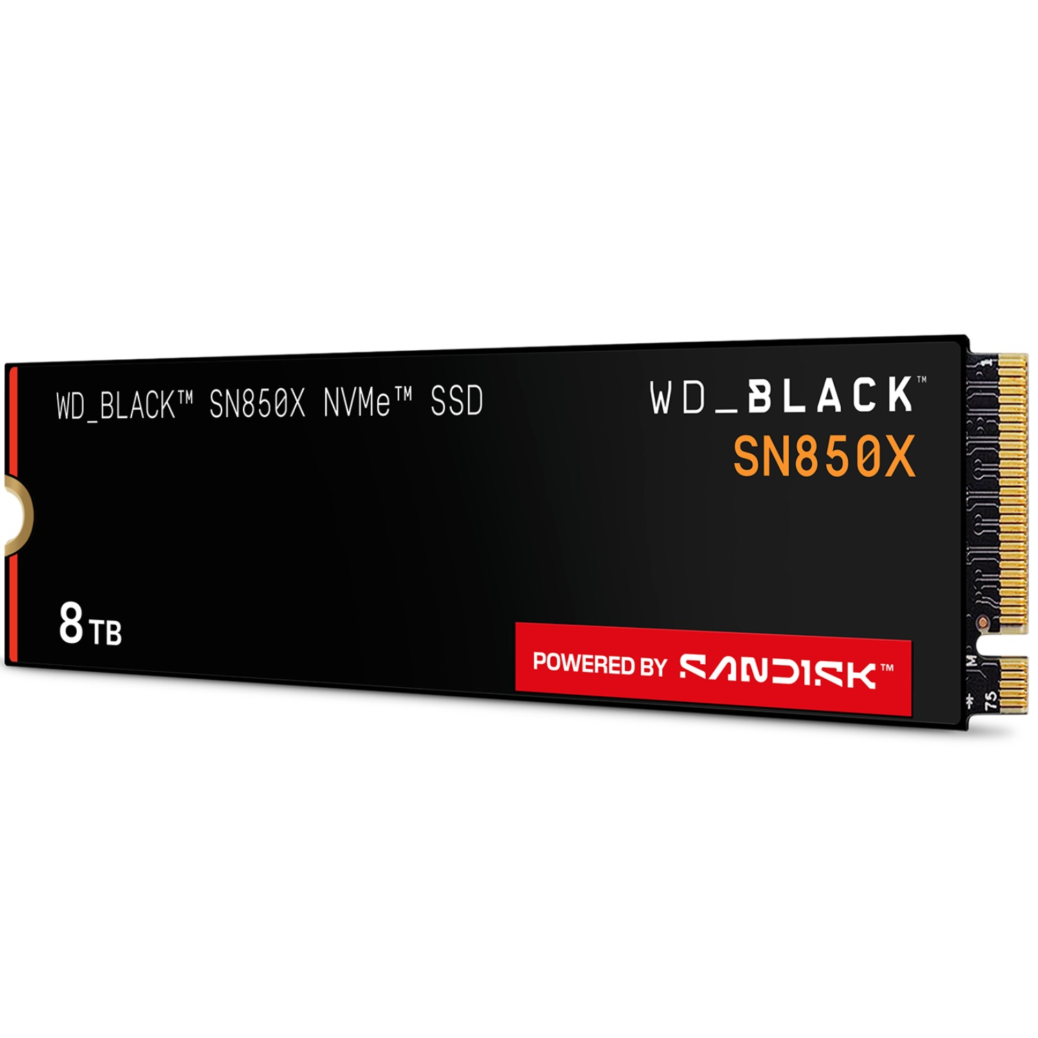 WD_BLACK SN850X NVMe SSD. PCB negro con texto blanco, SN850X naranja. Desarrollado por SanDisk. Capacidad de 8TB.
