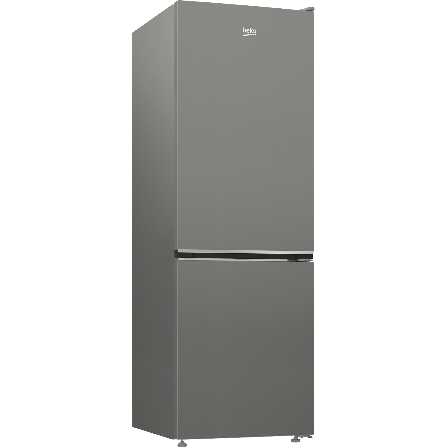 A gray Beko refrigerator stands against a white background. It has two doors and the Beko logo is visible. The fridge is closed.