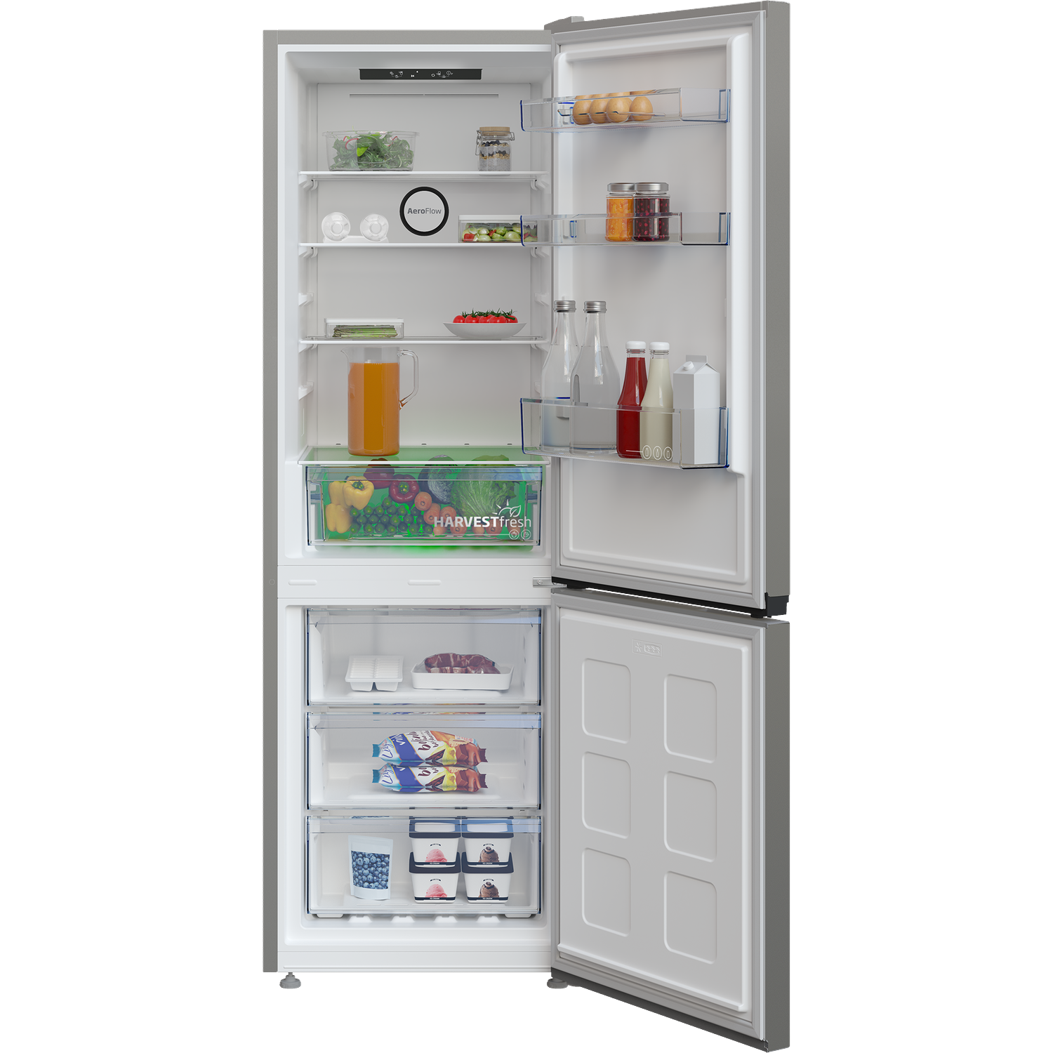 Open refrigerator showing contents: fruits, vegetables, eggs, drinks, and frozen food. Shelves and drawers are visible.