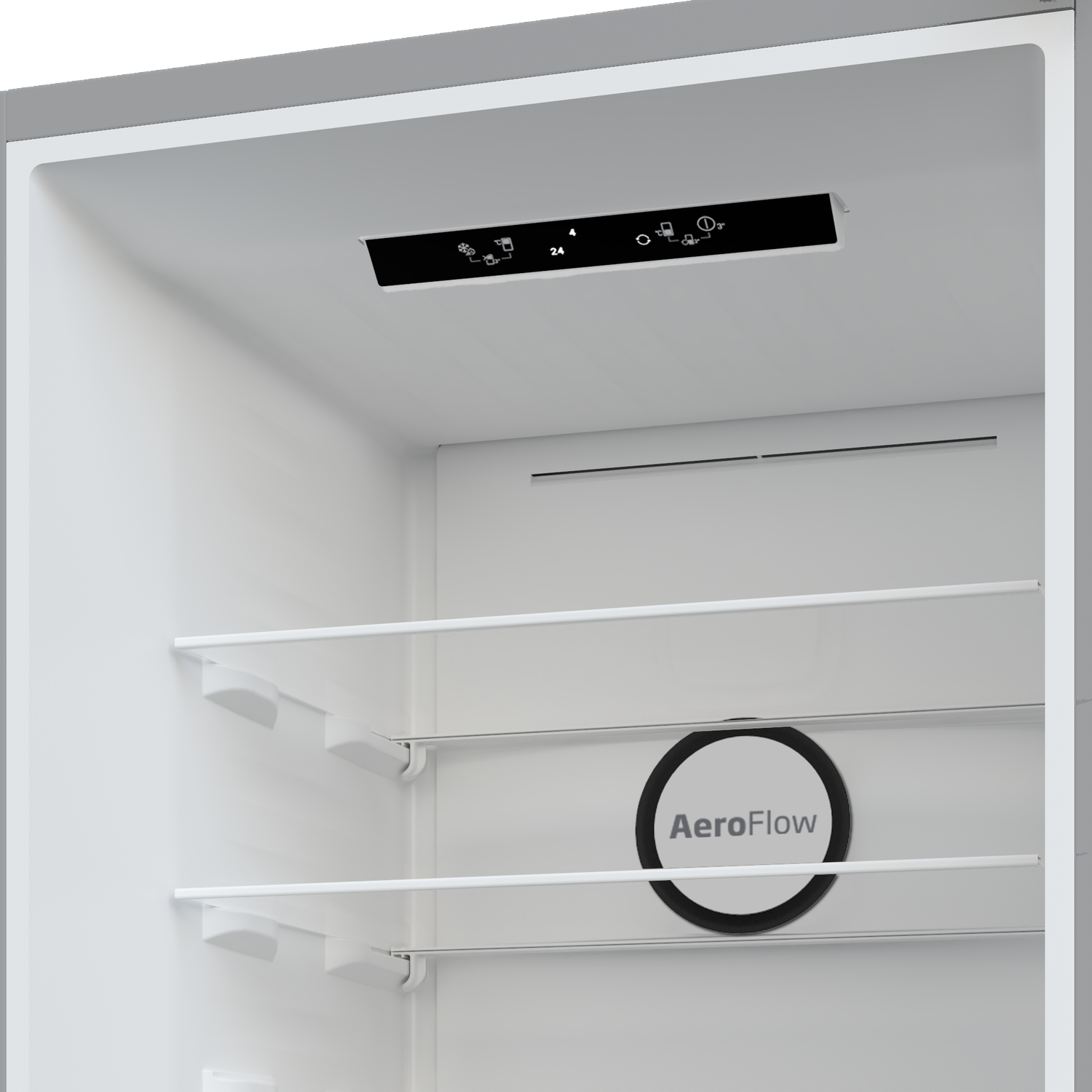Inside a refrigerator, shelves are visible. A black control panel is at the top. The AeroFlow logo is in the middle of the fridge.