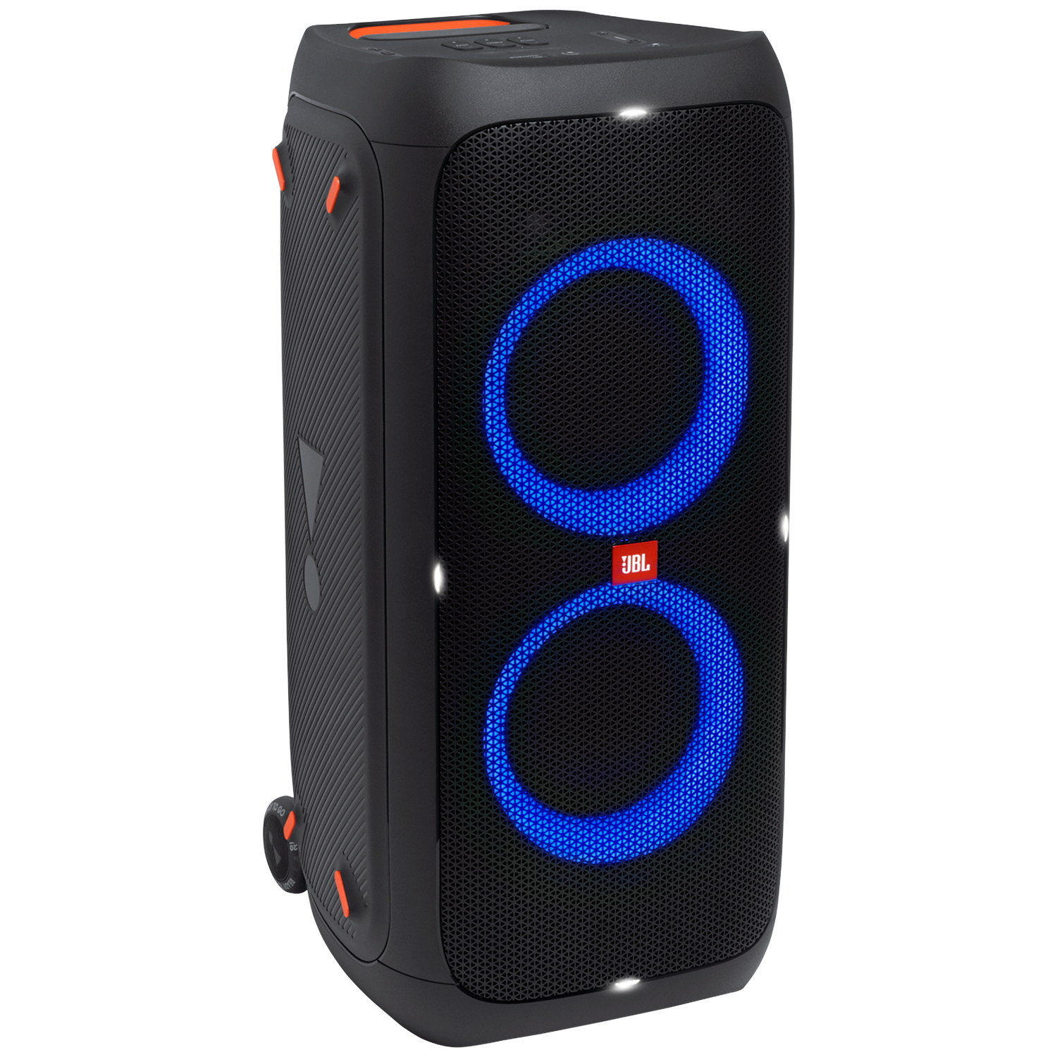Black JBL speaker with blue light rings. Orange accents on the sides and top. JBL logo at the bottom. Mesh front.