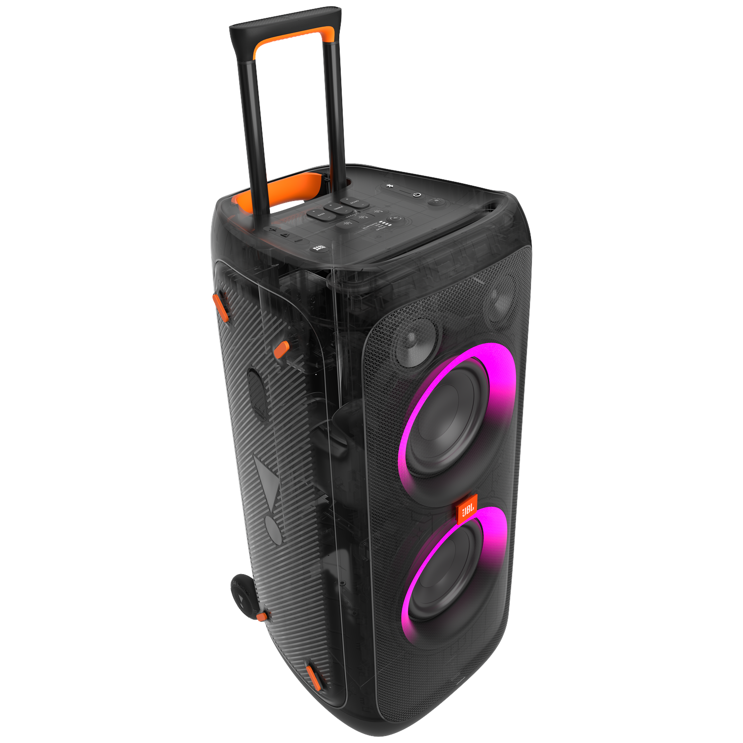 Black JBL speaker with orange accents and a pull-up handle. Features two speakers with a pink glow. Visible internal components.