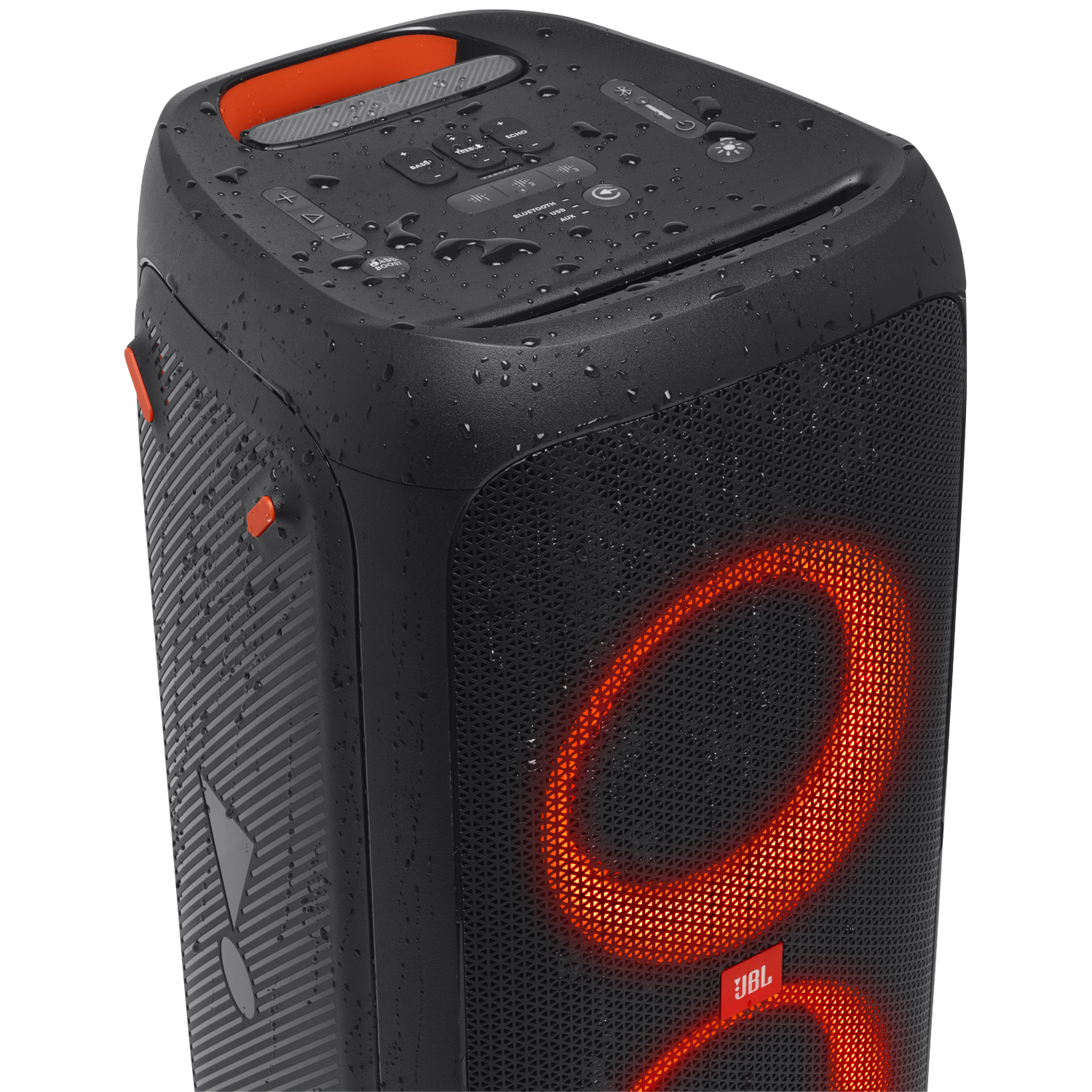 Black JBL speaker with water droplets. Orange accents and glowing red rings. JBL logo visible. Buttons and controls on top.