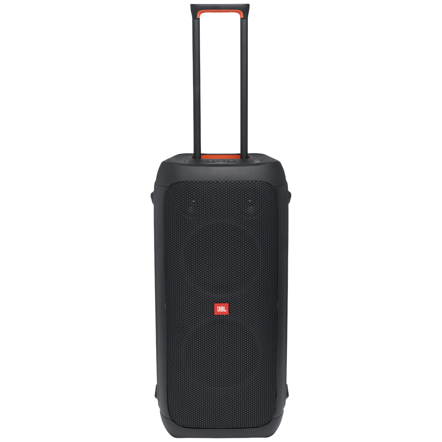 A black JBL speaker with a red logo, a retractable handle, and orange accents on a white background.