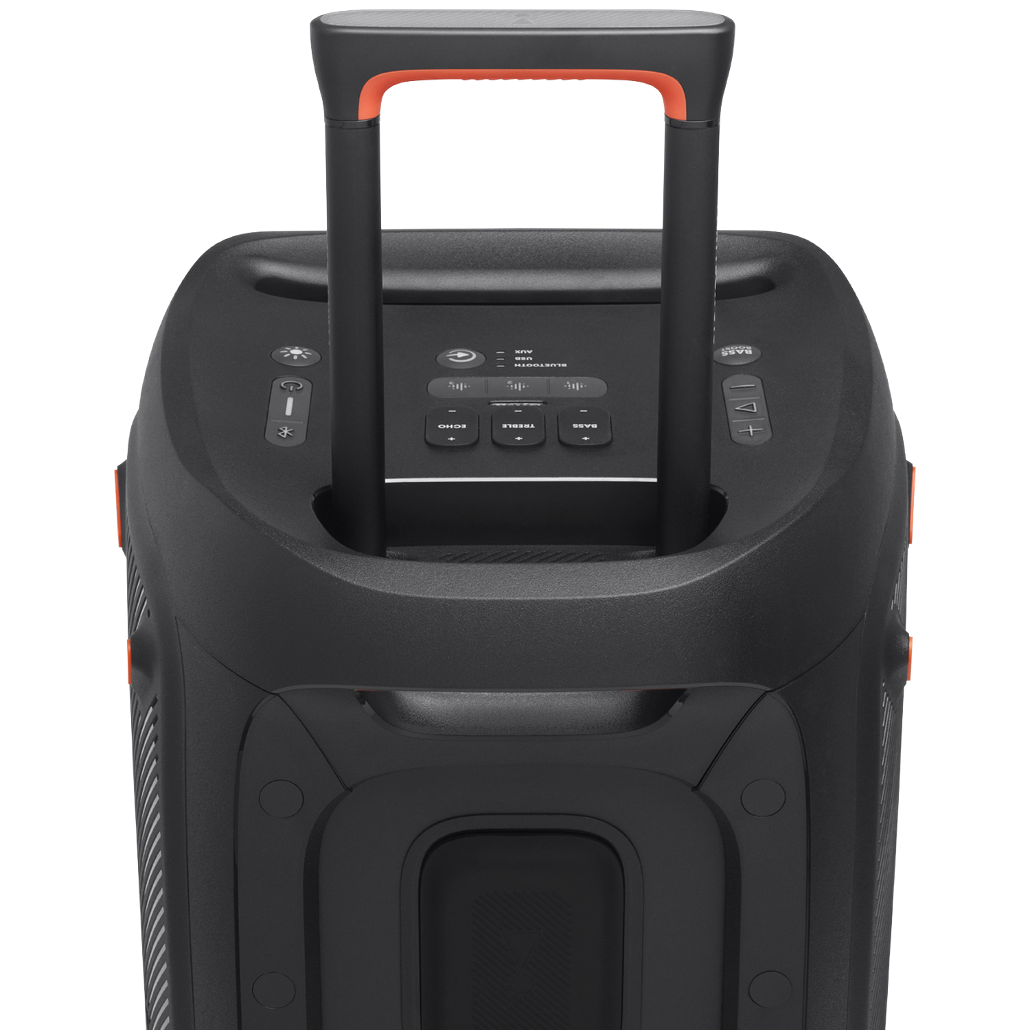 Black speaker with orange accents and a retractable handle. Controls include power, Bluetooth, and volume. Isolated on white background.