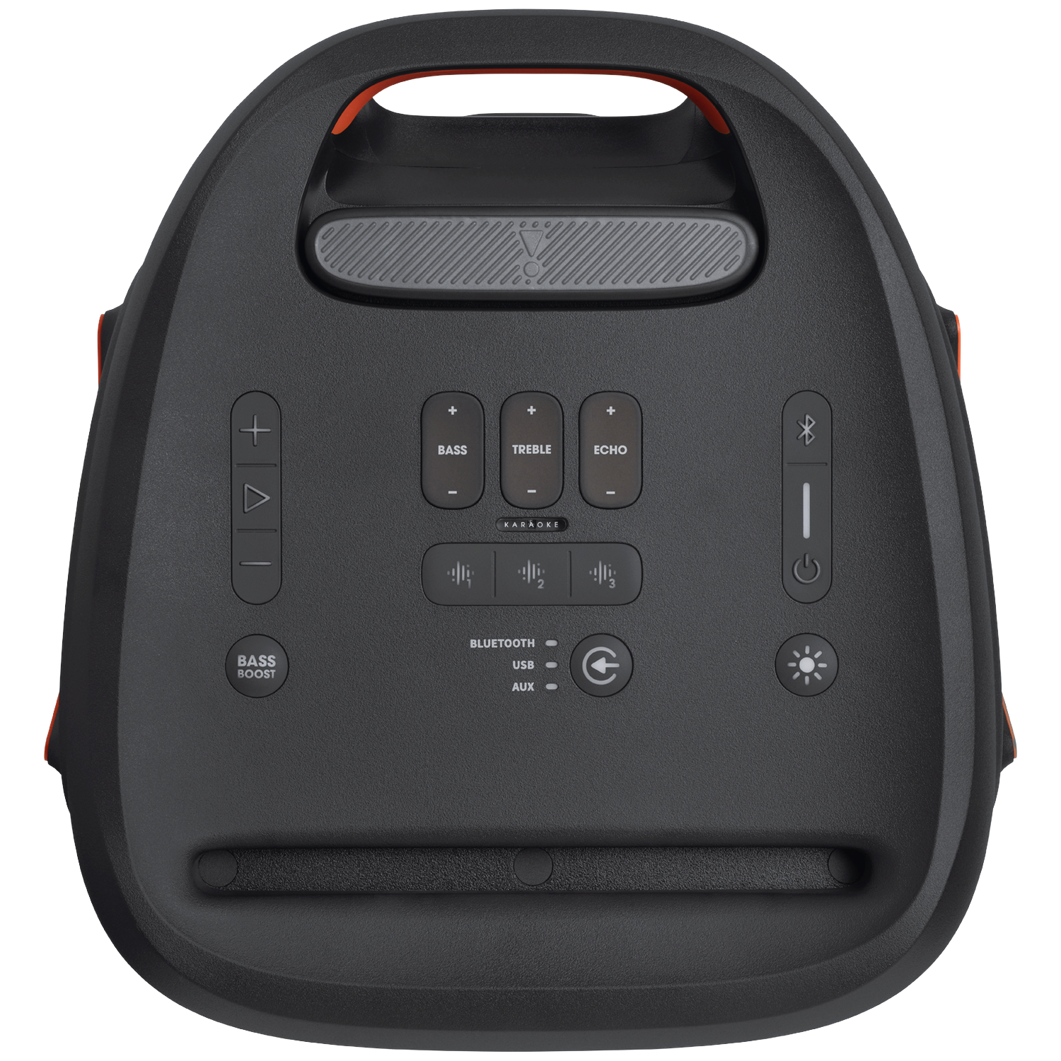 Black speaker with orange accents. Features buttons for bass, treble, echo, and Bluetooth. Includes a handle and controls.