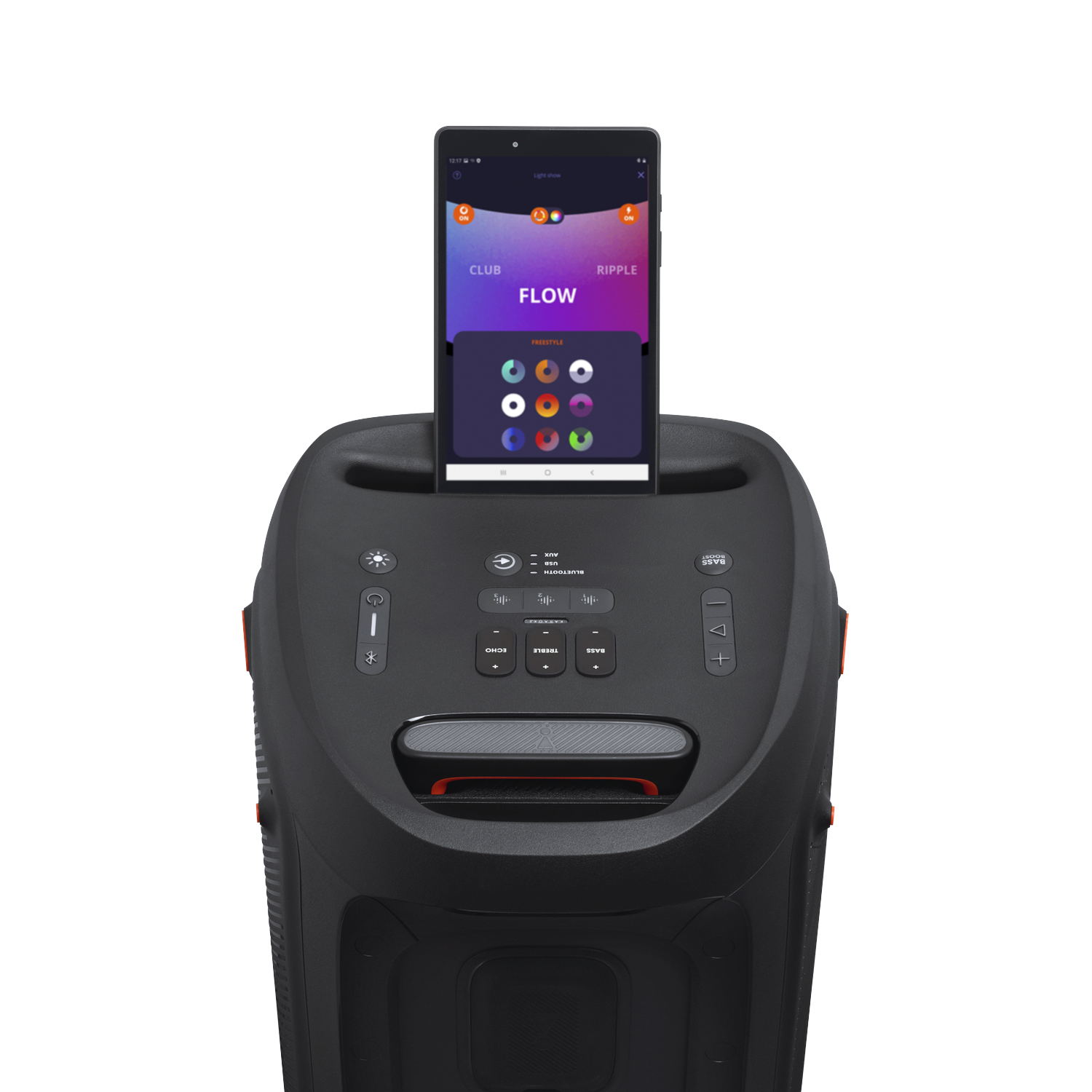 Black speaker with a tablet displaying a music app. Controls are visible. The word 'FLOW' is highlighted on the screen.