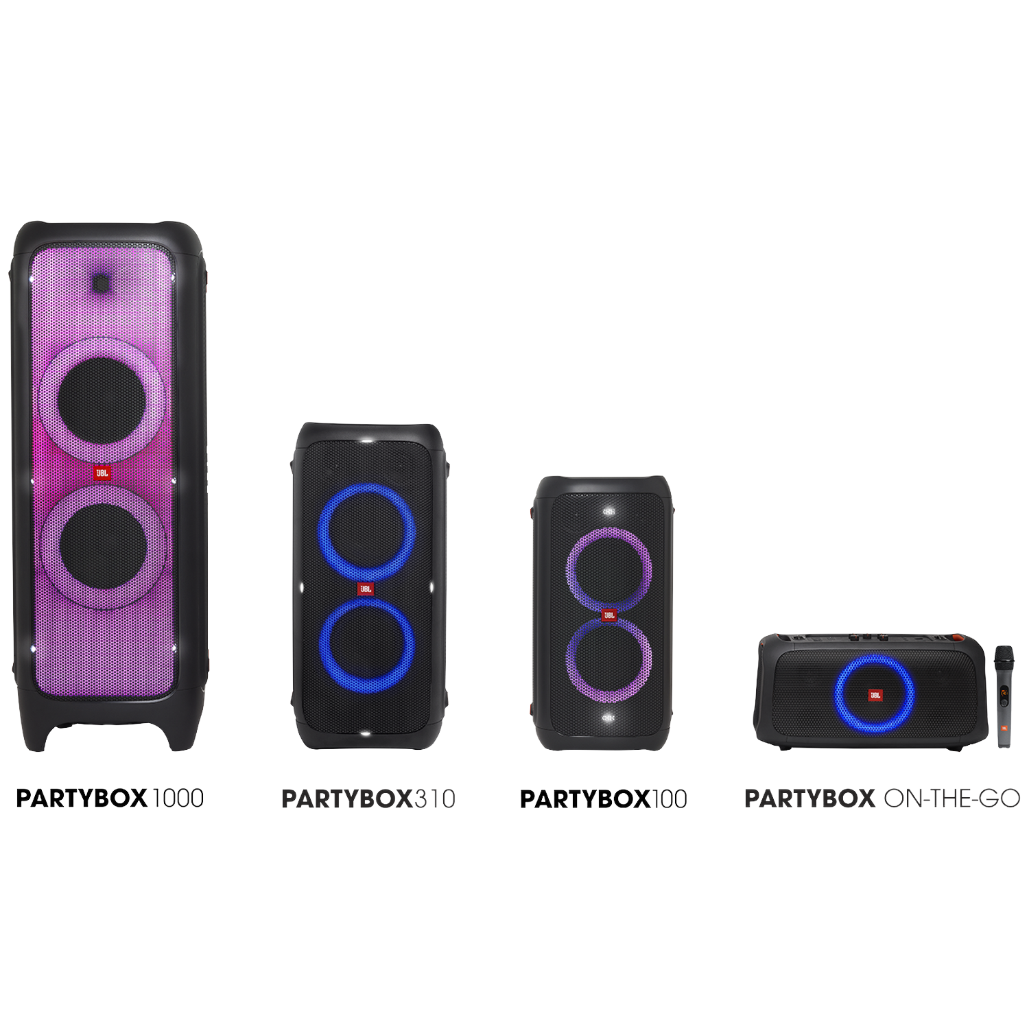 Four JBL PartyBox speakers are displayed. From left to right: PartyBox 1000, 310, 100, and On-The-Go with a microphone.
