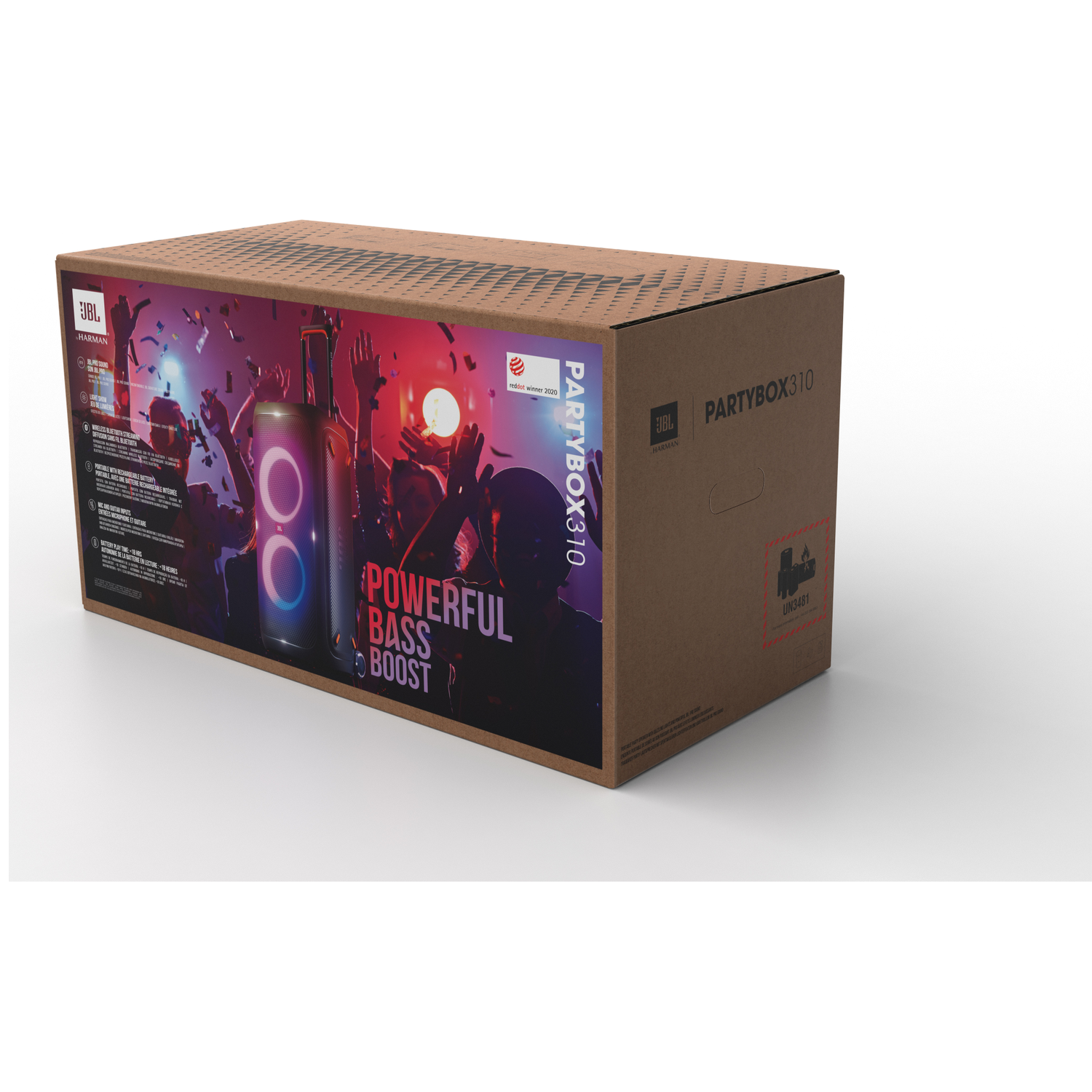 A JBL PartyBox 310 box. The box displays a party scene with a speaker and the words 'Powerful Bass Boost'.
