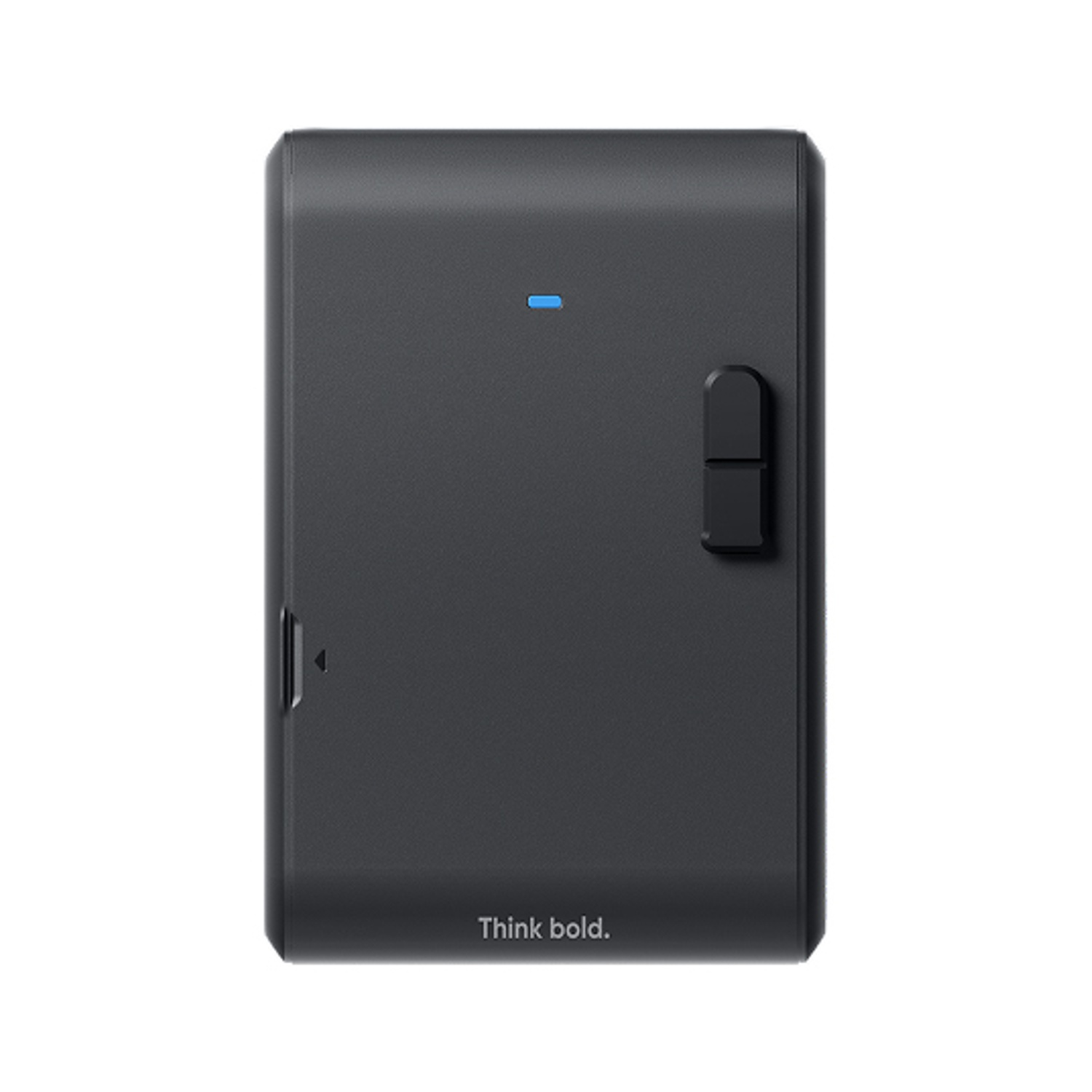 Un dispositivo nero rettangolare con una luce blu in alto e un pulsante laterale. Il testo 'Think bold.' si trova in basso.