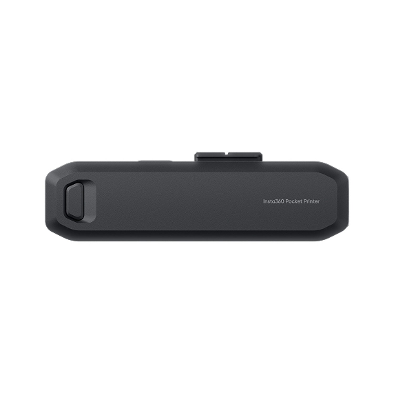 Una stampante tascabile Insta360 nera, di forma rettangolare con angoli arrotondati. Ha un pulsante di accensione e uno slot per la carta.