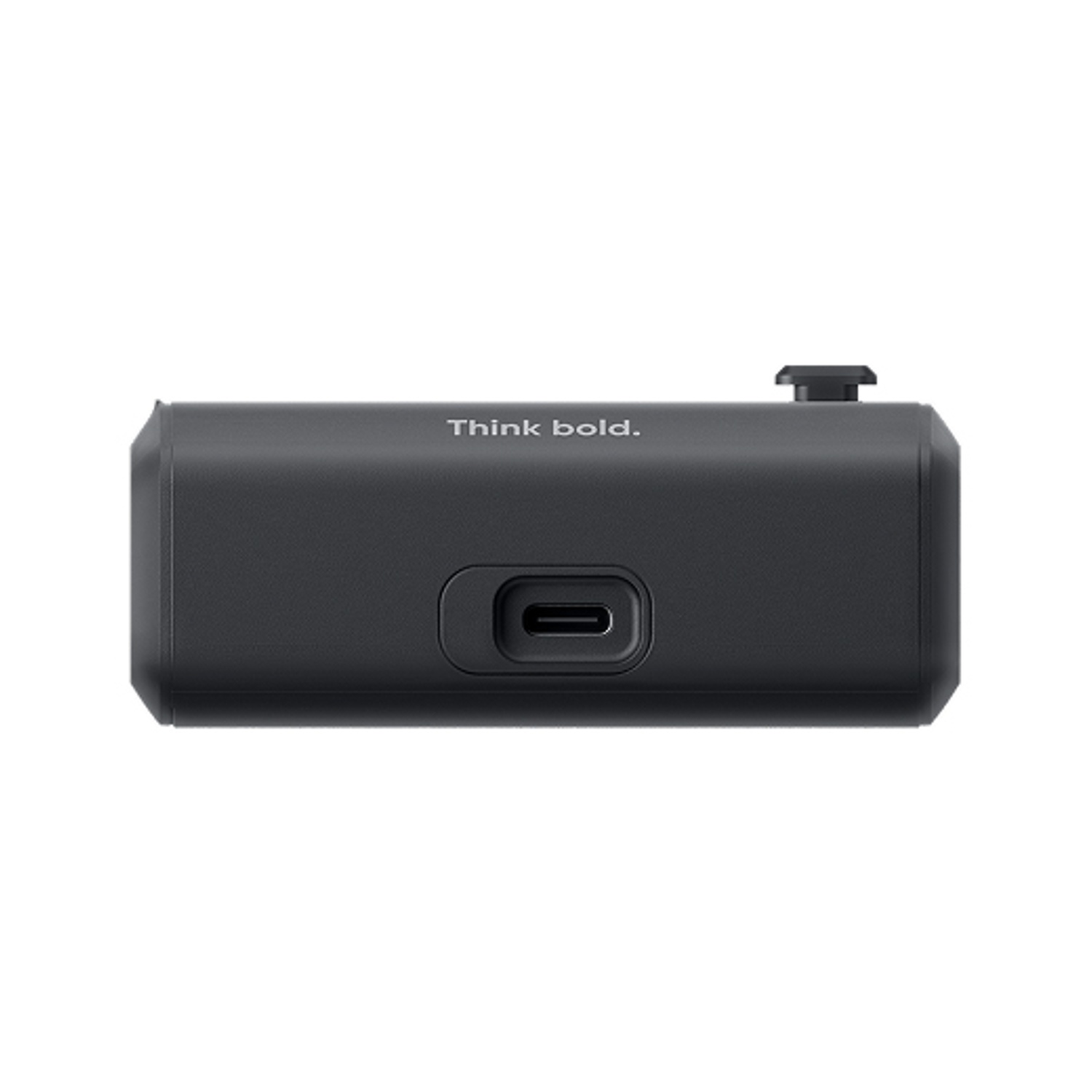 Un dispositivo rettangolare nero con la scritta 'Think bold' e una porta USB-C su sfondo bianco.