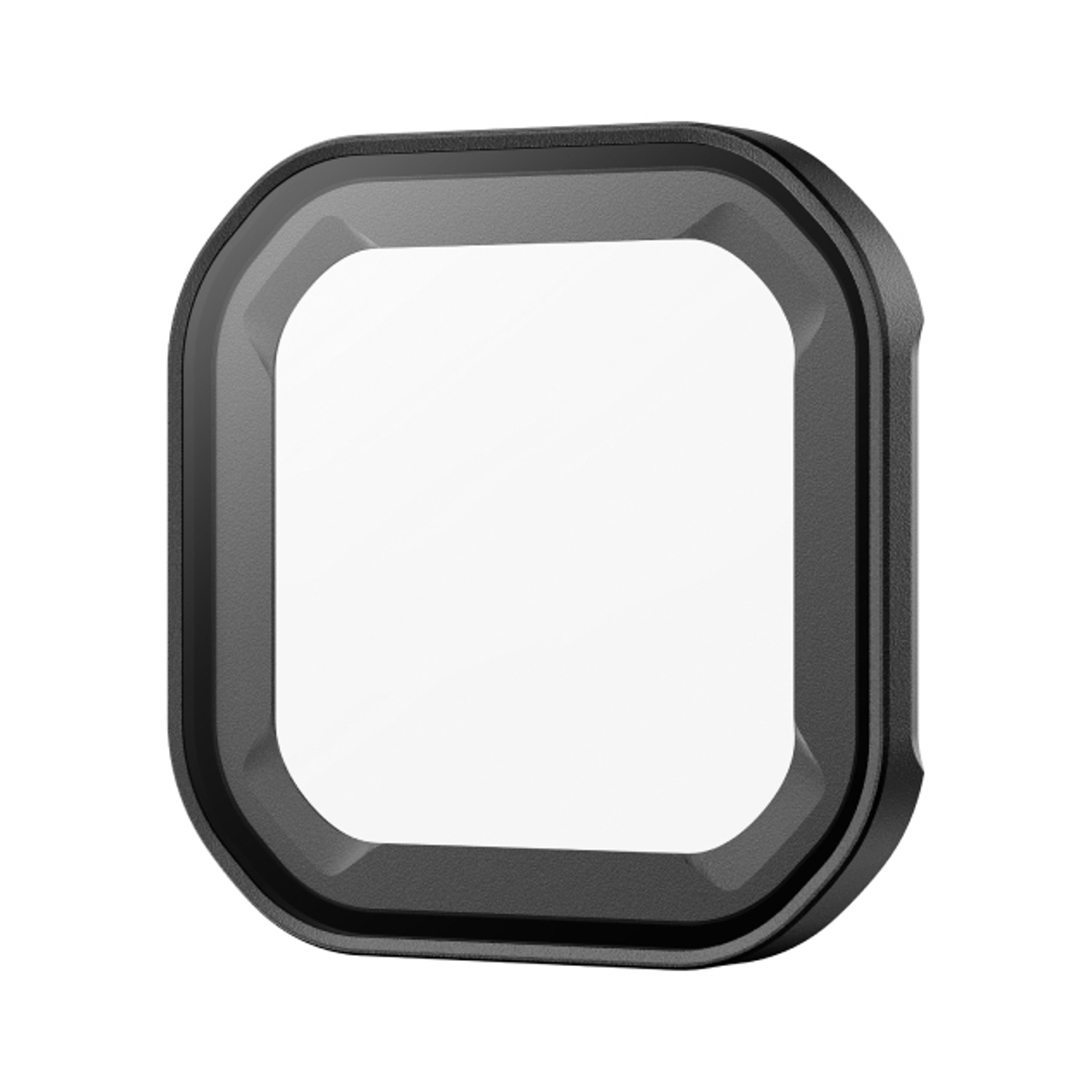 Un protettore per lenti della fotocamera nero con centro trasparente e design quadrato arrotondato.