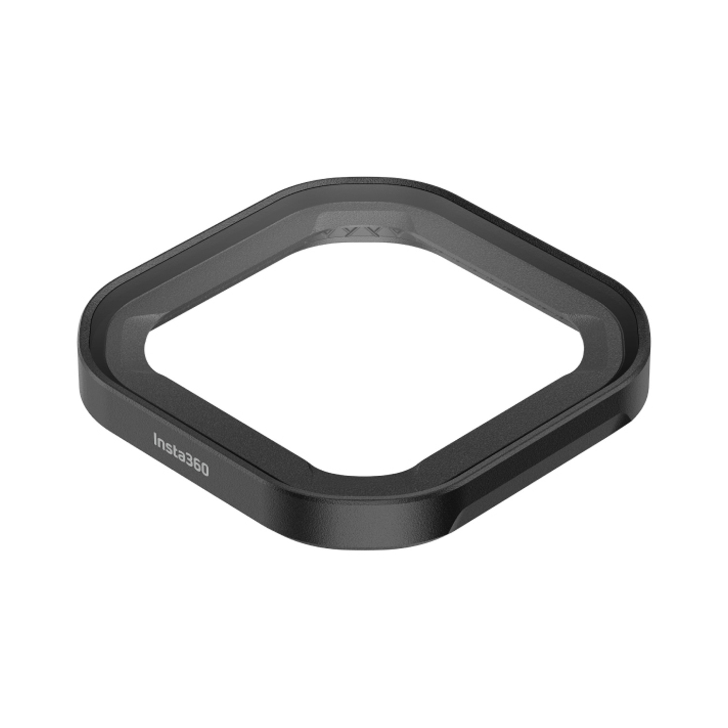 Un proteggi obiettivo Insta360 nero. È una cornice quadrata con angoli arrotondati, con il logo Insta360 visibile.