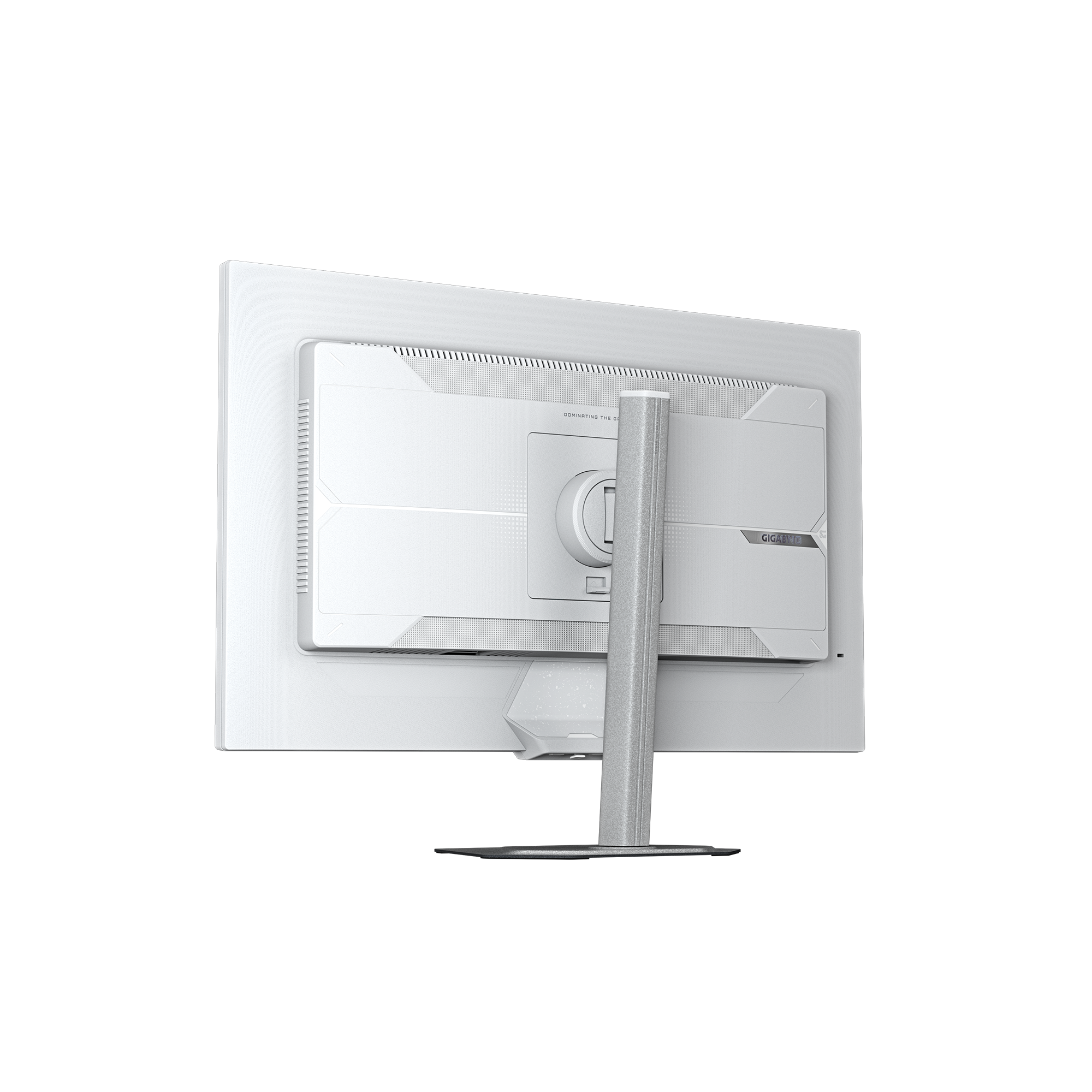 Die Rückseite eines weißen Computermonitors mit silbernem Ständer. Der Monitor hat eine rechteckige Form.
