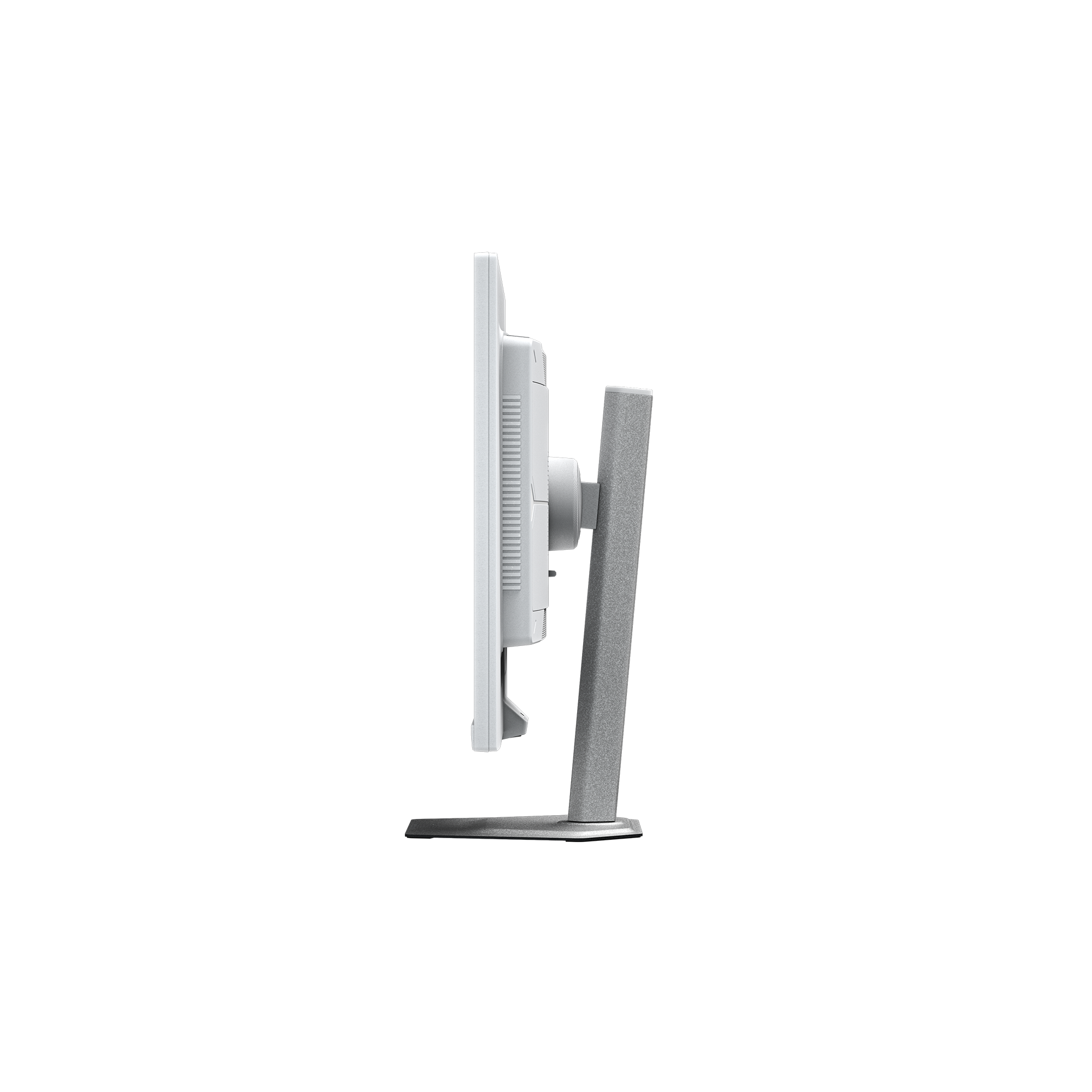 Seitenansicht eines weißen Computermonitors mit grauem Ständer. Der Bildschirm ist schwarz. Der Ständer ist ebenfalls grau.