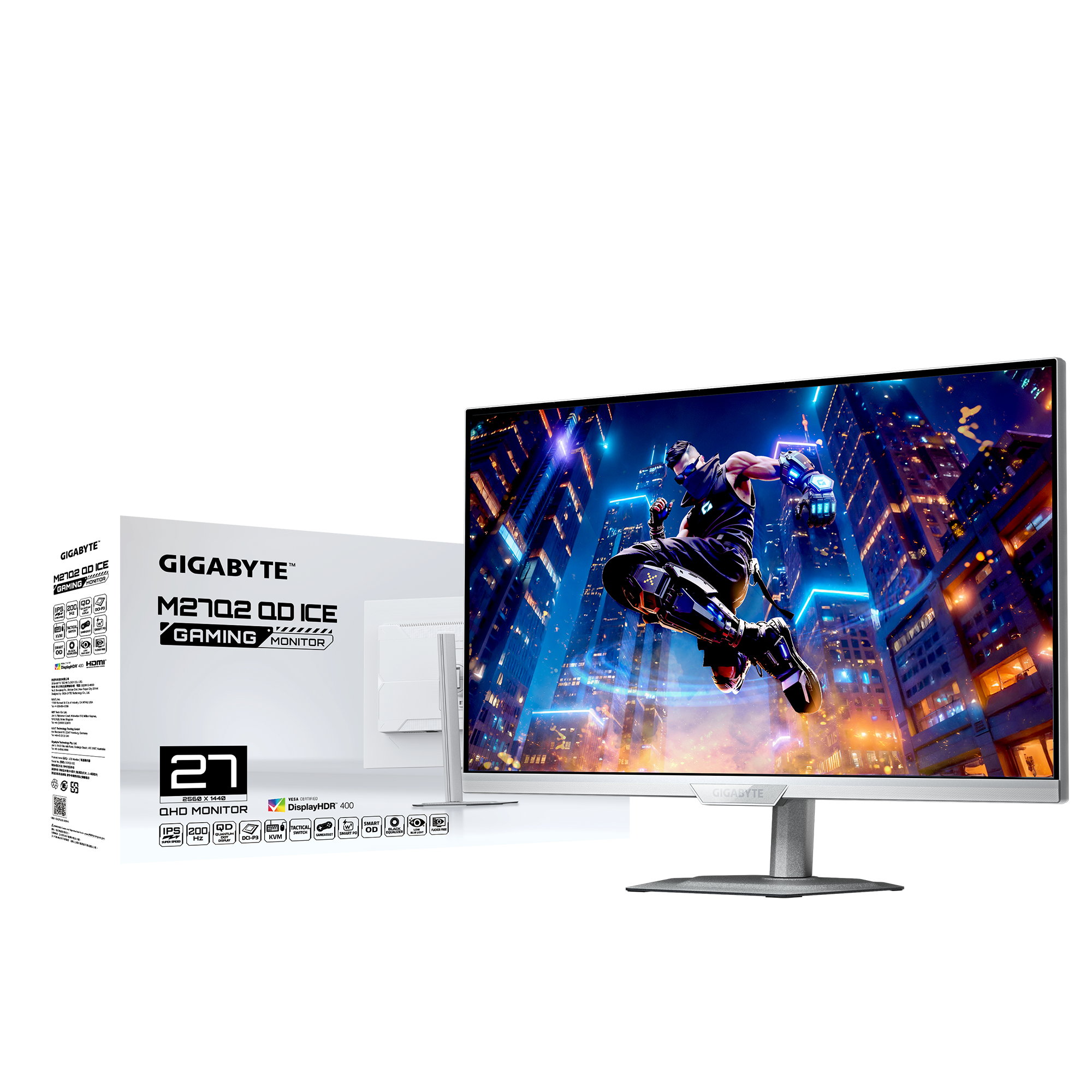 Ein Gigabyte M27Q2 OD ICE Gaming-Monitor mit einer Figur, die vor einer Stadt bei Nacht springt.