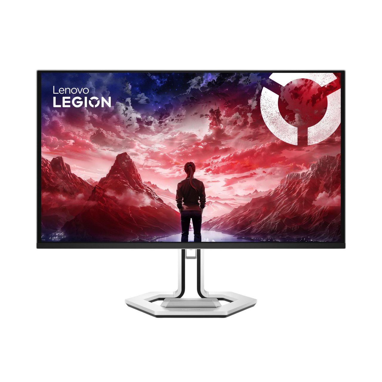 Lenovo Legion Monitor zeigt eine Person mit Blick auf rote Berge. Lenovo-Logo oben links, weißes Logo oben rechts.