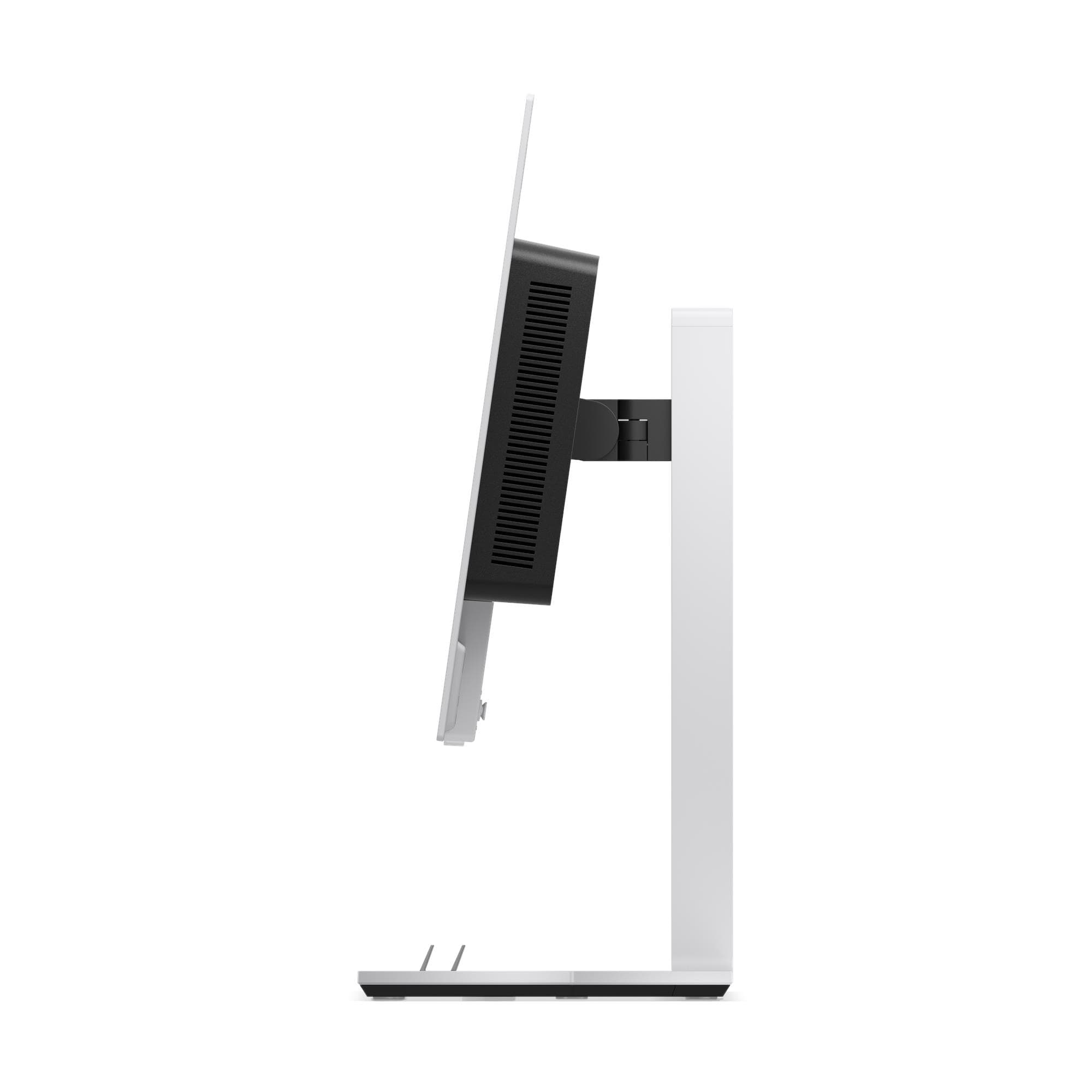 Seitenansicht eines weißen Computermonitors mit schwarzer Rückseite. Der Ständer ist weiß. Der Hintergrund ist weiß.
