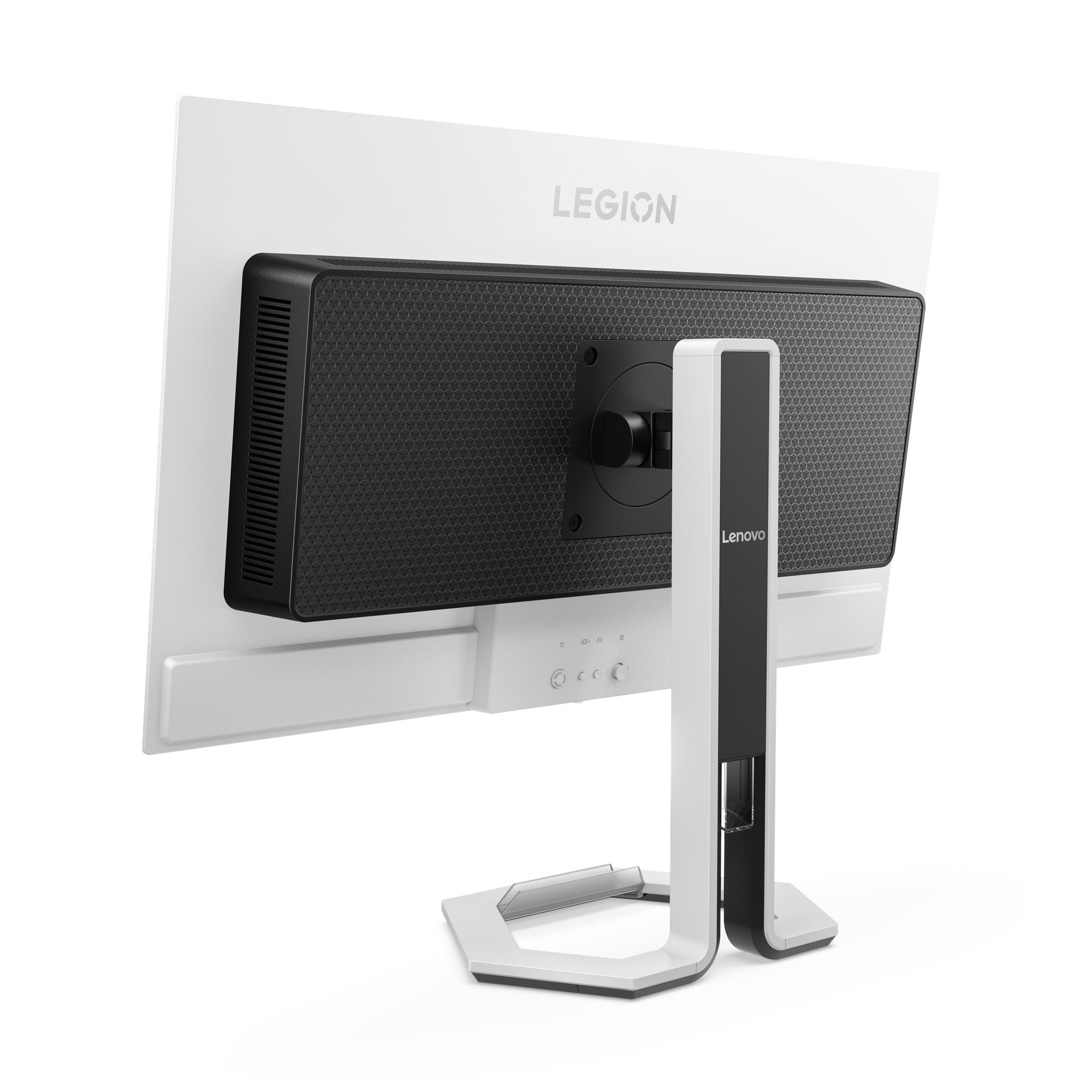 Die Rückseite eines weißen und schwarzen Lenovo Legion Monitors auf weißem Untergrund.