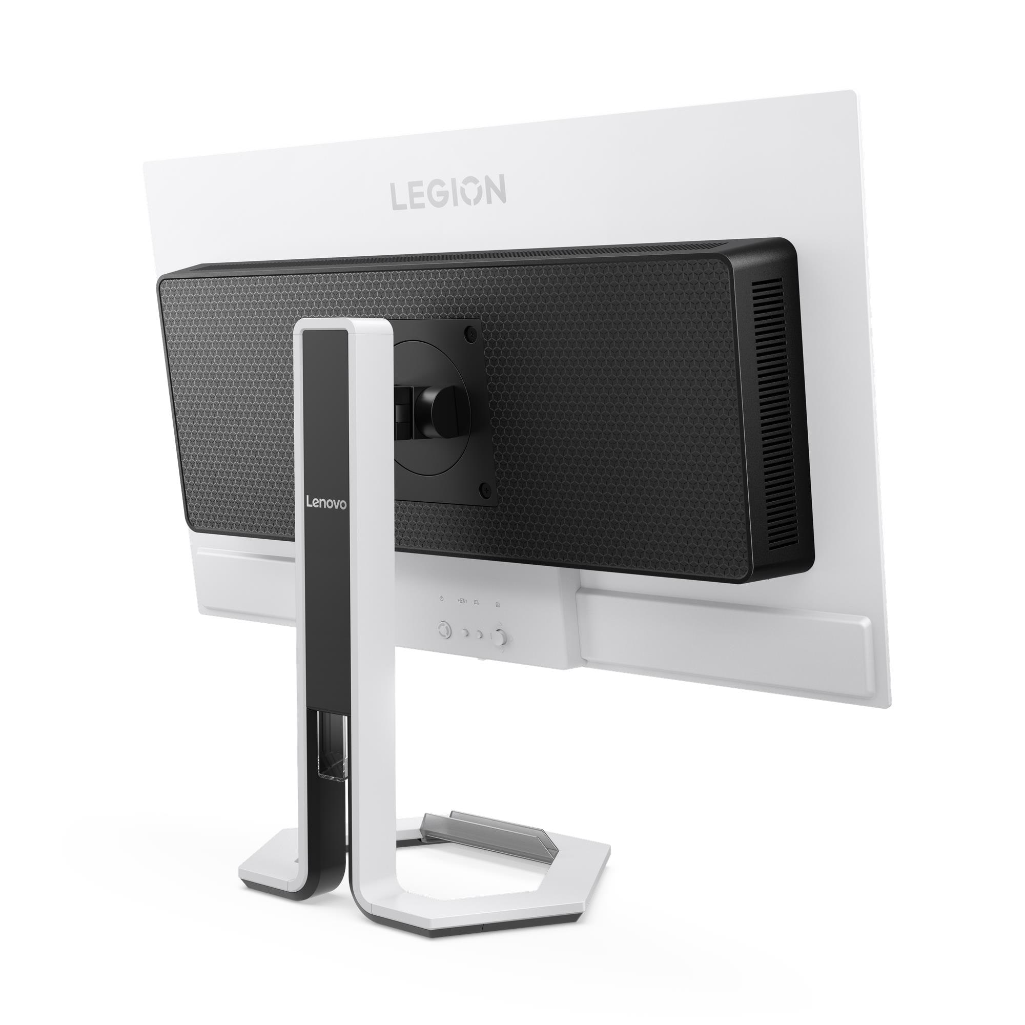 Die Rückseite eines weißen und schwarzen Lenovo Legion Monitors mit dem Legion-Logo, einem Ständer und Anschlüssen.