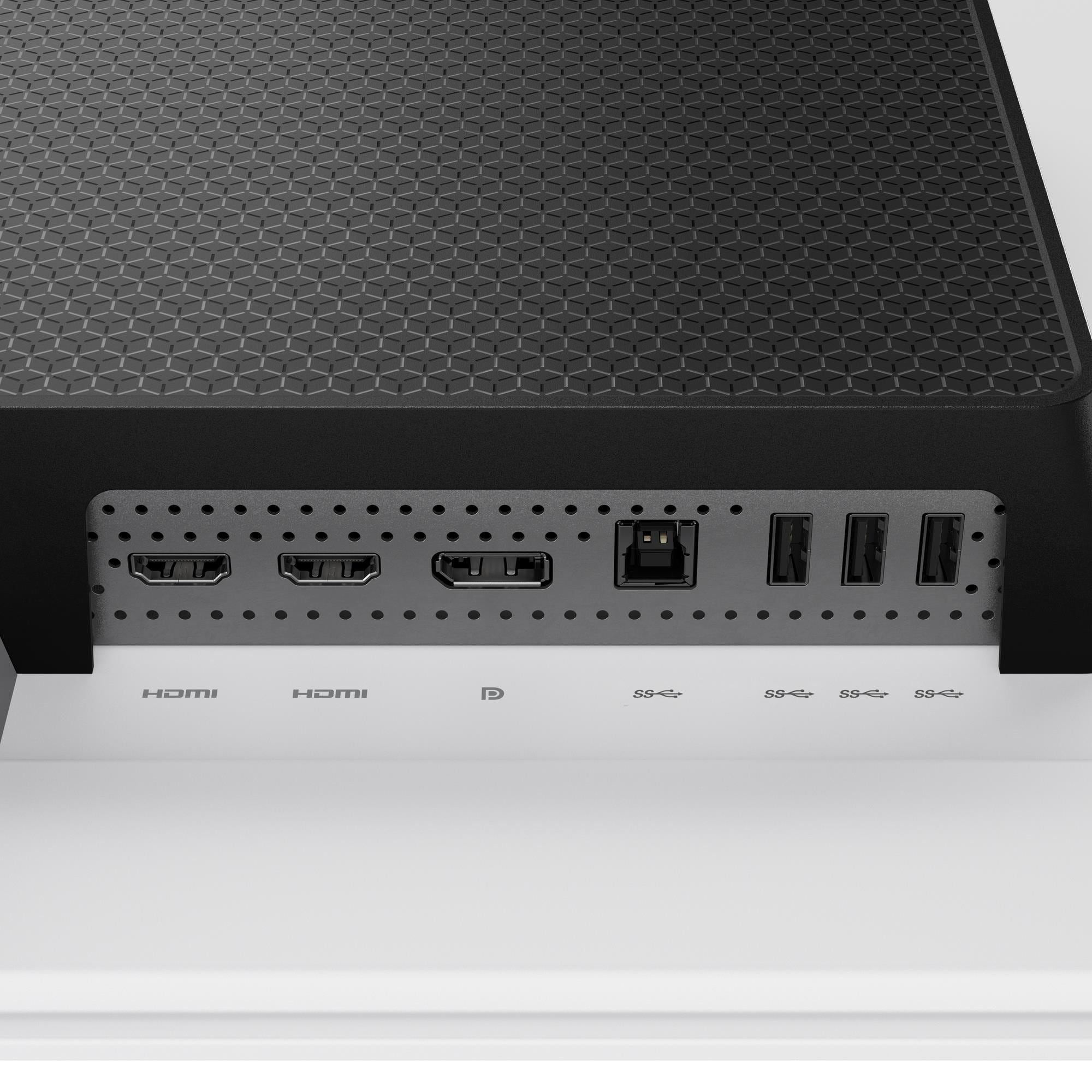 Nahaufnahme eines schwarzen Geräts mit verschiedenen Anschlüssen: HDMI, DisplayPort und USB. Die Oberseite hat eine gemusterte Oberfläche.