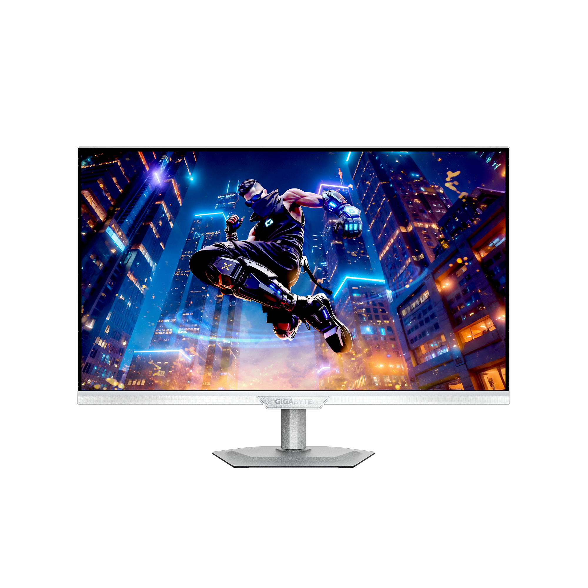 Monitor mit futuristischer Stadtszene. Ein Mann in Schwarz springt, mit Technik am Arm. Der Monitorfuß ist silber.