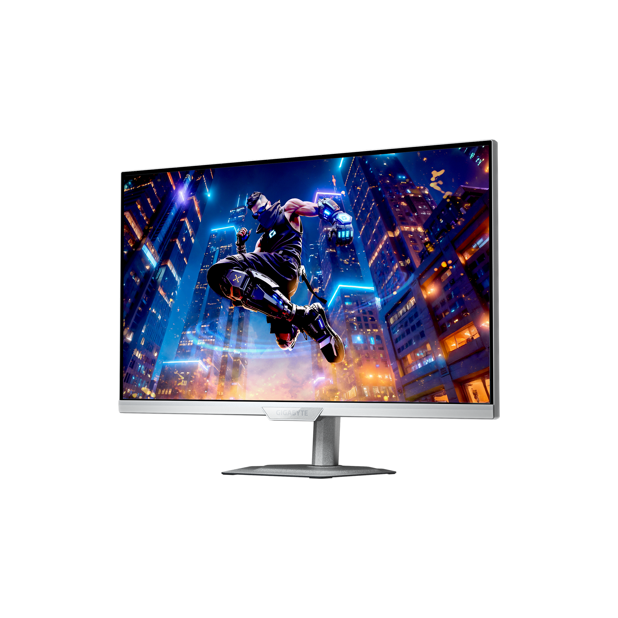 Monitor zeigt futuristische Stadtlandschaft mit springender Figur. Der Monitor ist silberfarben, mit schwarzem Sockel. Die Figur ist schwarz.