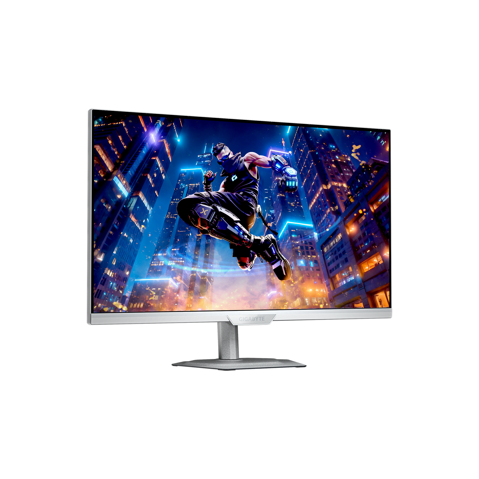 Monitor zeigt futuristische Stadtlandschaft und springenden Ninja. Der Monitor ist silberfarben, mit Gigabyte-Logo.