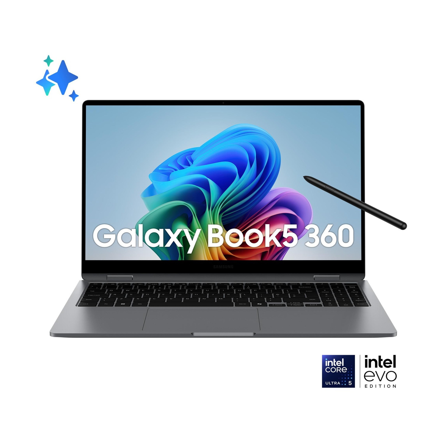 Un laptop Galaxy Book5 360 è aperto, mostrando un'immagine astratta colorata. Una penna digitale fluttua sullo schermo. Loghi Intel e Samsung presenti.