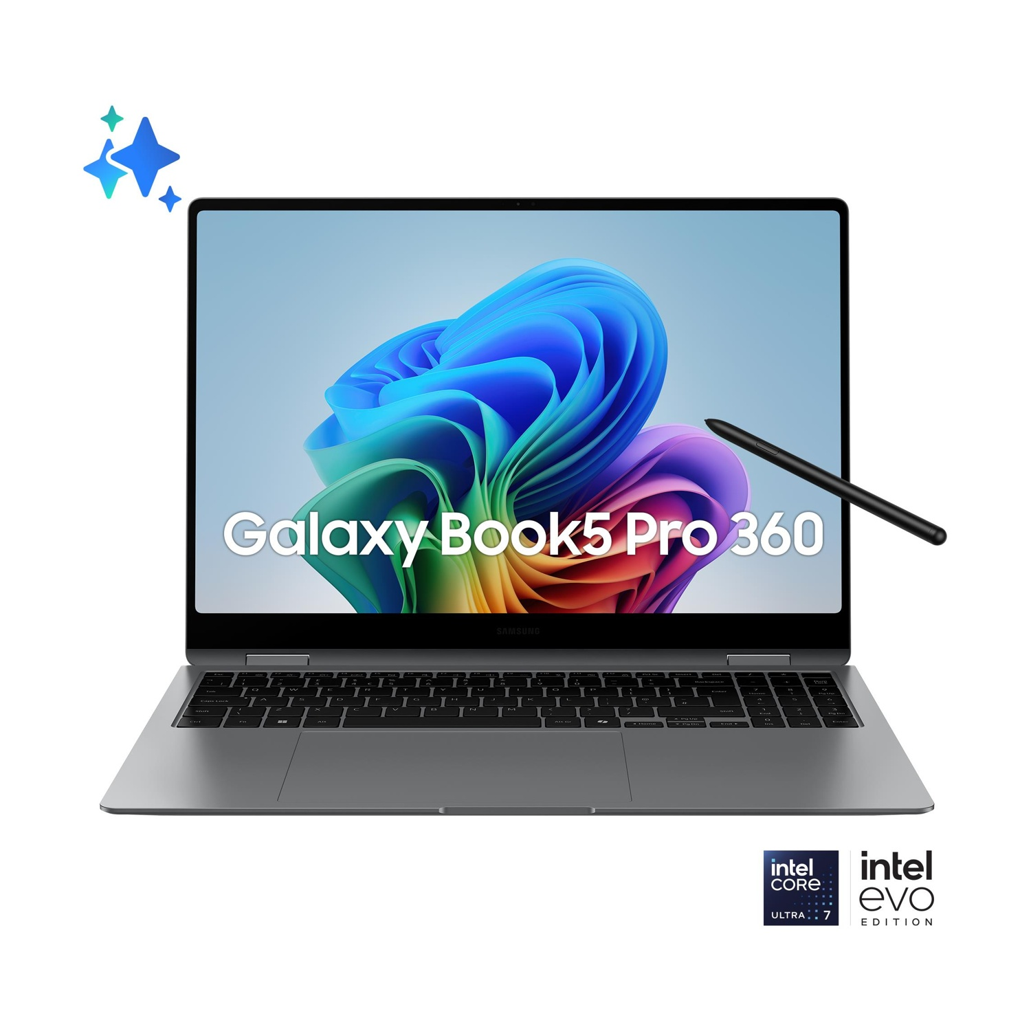 Un laptop Galaxy Book5 Pro 360 è mostrato, aperto con una penna. Lo schermo mostra un'immagine astratta colorata. Sono presenti i loghi Intel e Samsung.