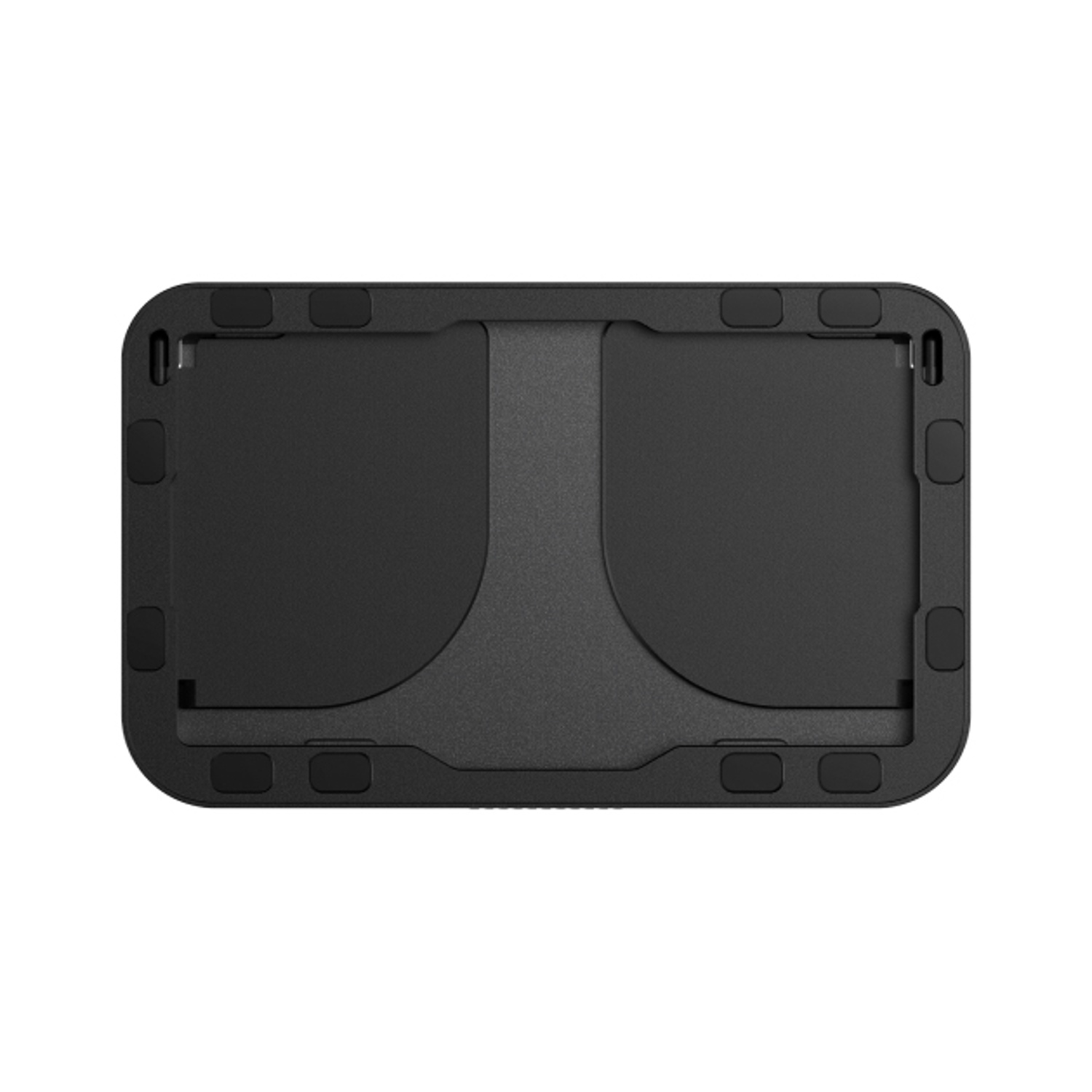Un oggetto rettangolare nero con angoli curvi. Ha due scomparti principali e un divisore centrale. Sono visibili piccole sezioni rialzate.