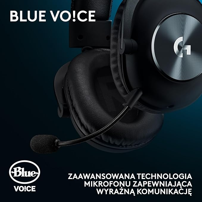 Czarne słuchawki z mikrofonem. Logo Blue Voice znajduje się w lewym dolnym rogu. Tekst mówi zaawansowana technologia mikrofonu.