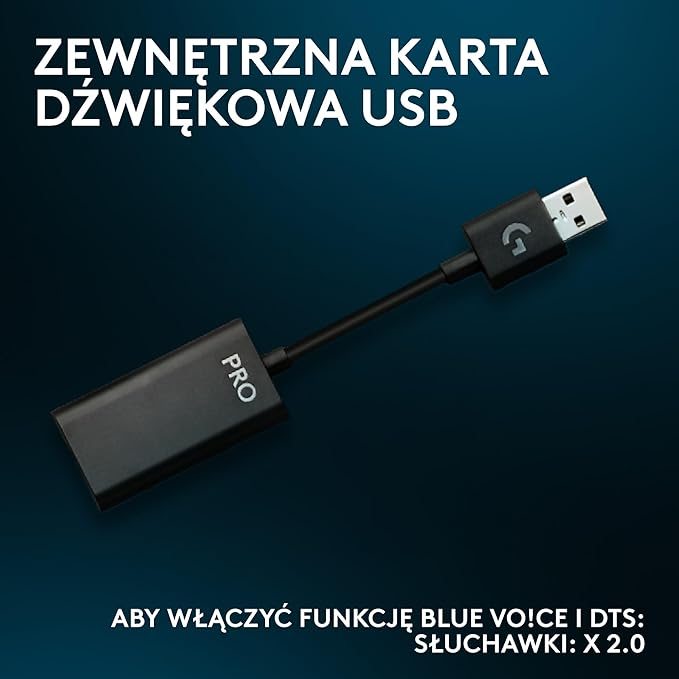 Czarna karta dźwiękowa USB z napisem 'PRO', podłączona do portu USB, na niebieskim tle, oraz biały tekst.