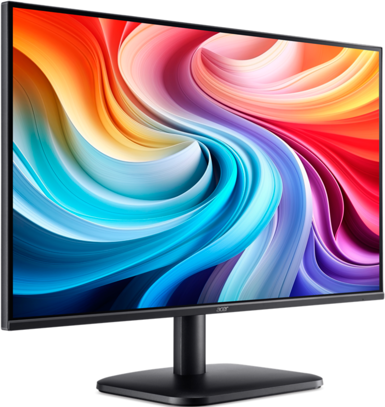 Un monitor Acer mostra un motivo astratto colorato. Ha una cornice, un supporto e una base neri. Lo schermo mostra vortici di colore.